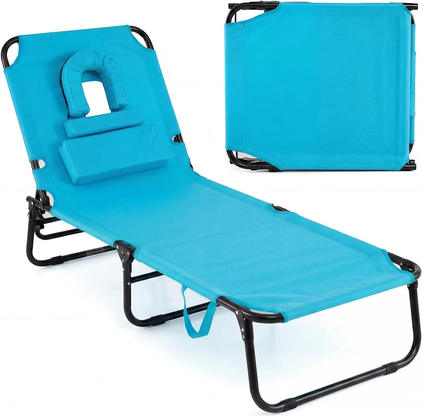 Tanning Chair, 330lbs Beach Lounge Chair with Face Hole, Adjustable Folding Chaise Lounge, Lawn (1 - Image 6