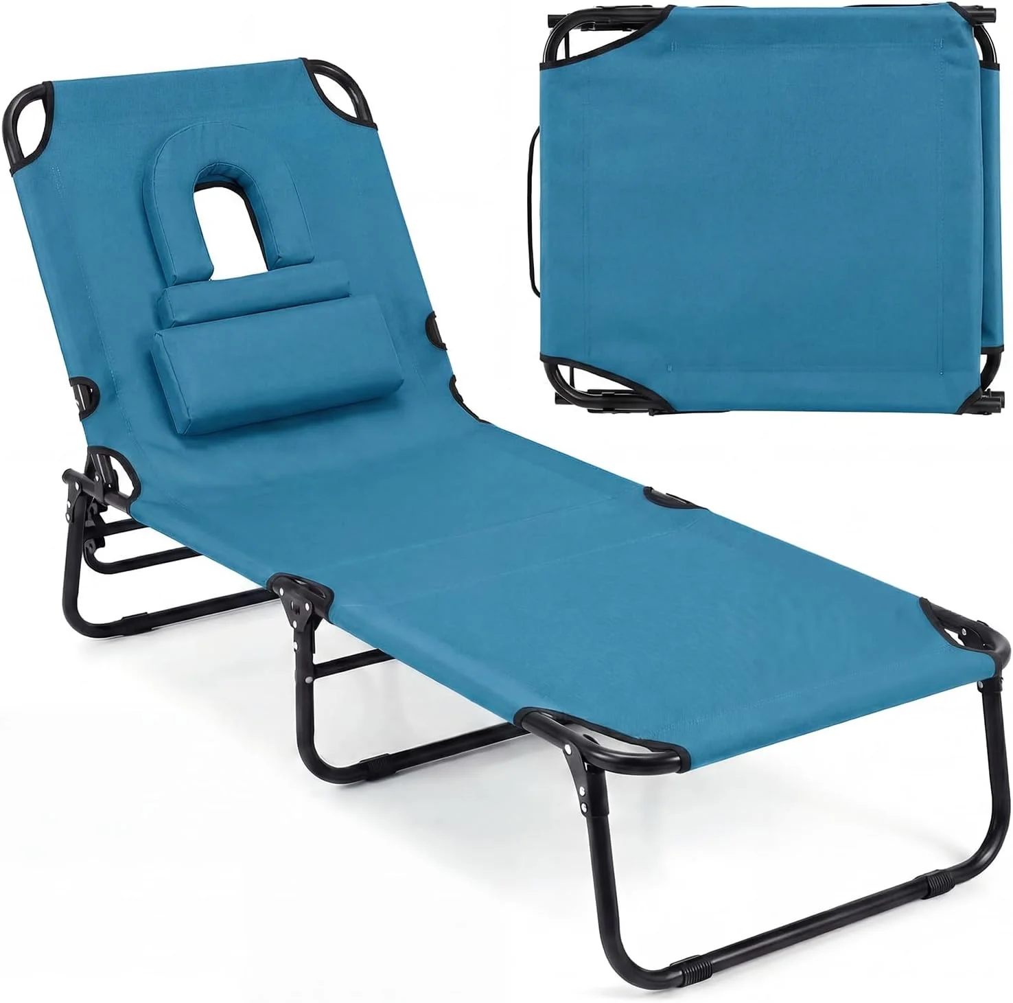 Tanning Chair, 330lbs Beach Lounge Chair with Face Hole, Adjustable Folding Chaise Lounge, Lawn (1 - Image 5