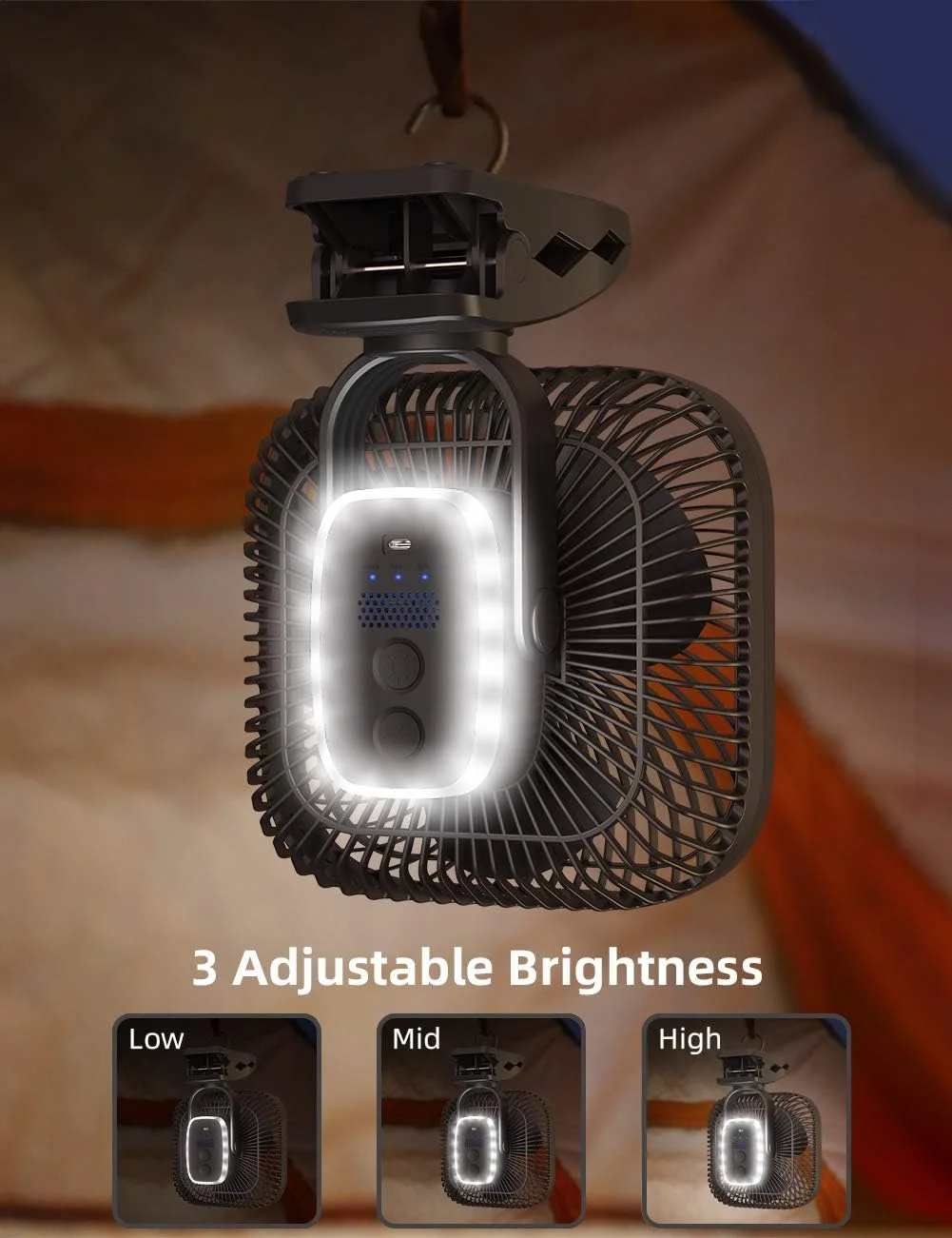 20000mAh Rechargeable Portable Clip-on Fan, Battery Operated, Last 78 Hrs, 4 Speeds with Light & Hook - Image 4