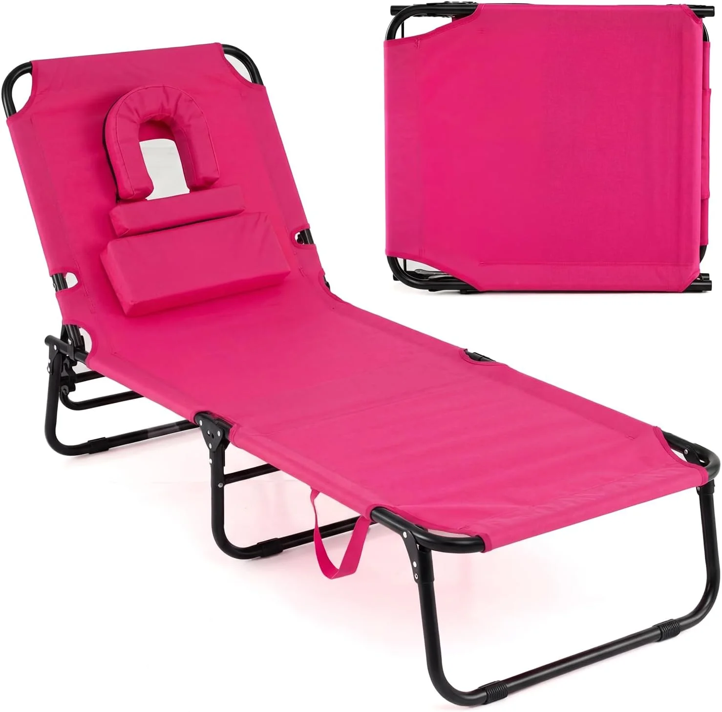 Tanning Chair, 330lbs Beach Lounge Chair with Face Hole, Adjustable Folding Chaise Lounge, Lawn (1 - Image 2