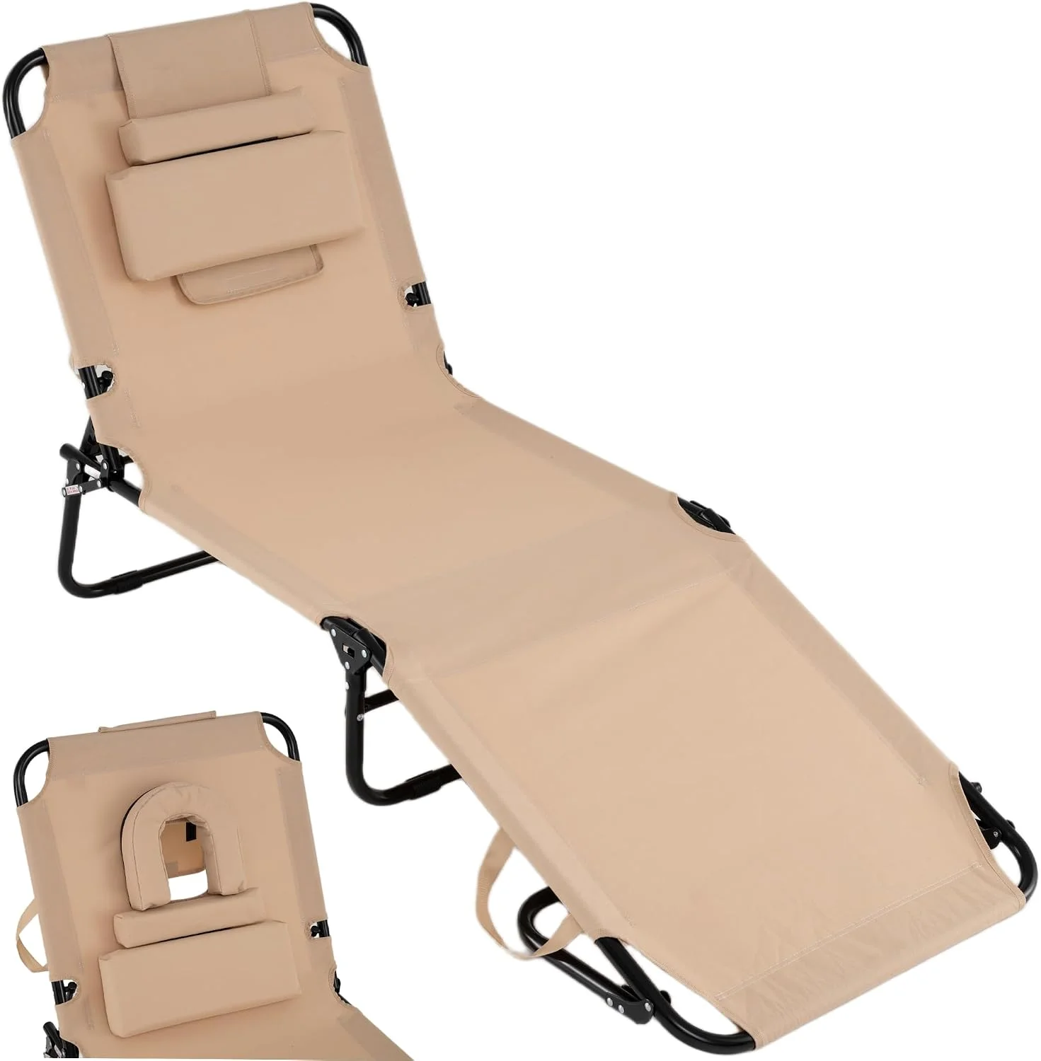 Tanning Chair, 330lbs Beach Lounge Chair with Face Hole, Adjustable Folding Chaise Lounge, Lawn (1 - Image 3
