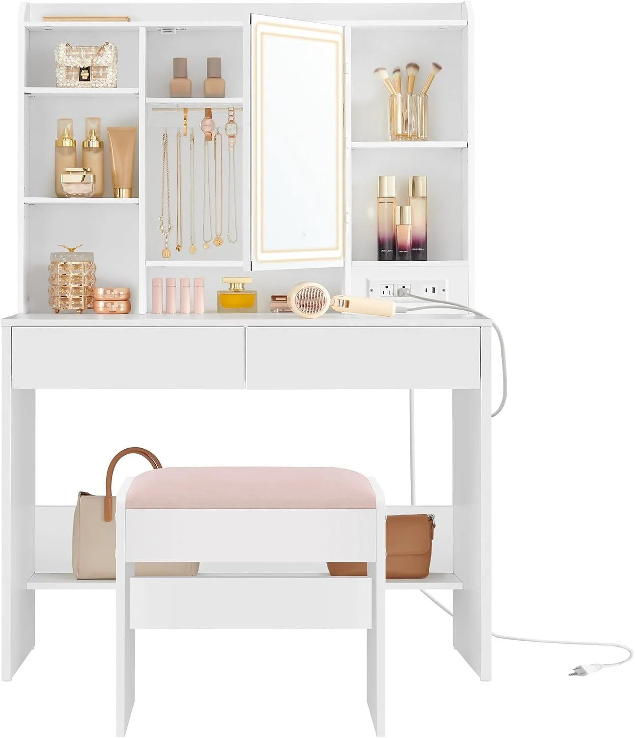 KAILYN Collection, Vanity Desk with Mirror and 9 LED Bulbs, Dressing Table with 9 Drawers - Image 10