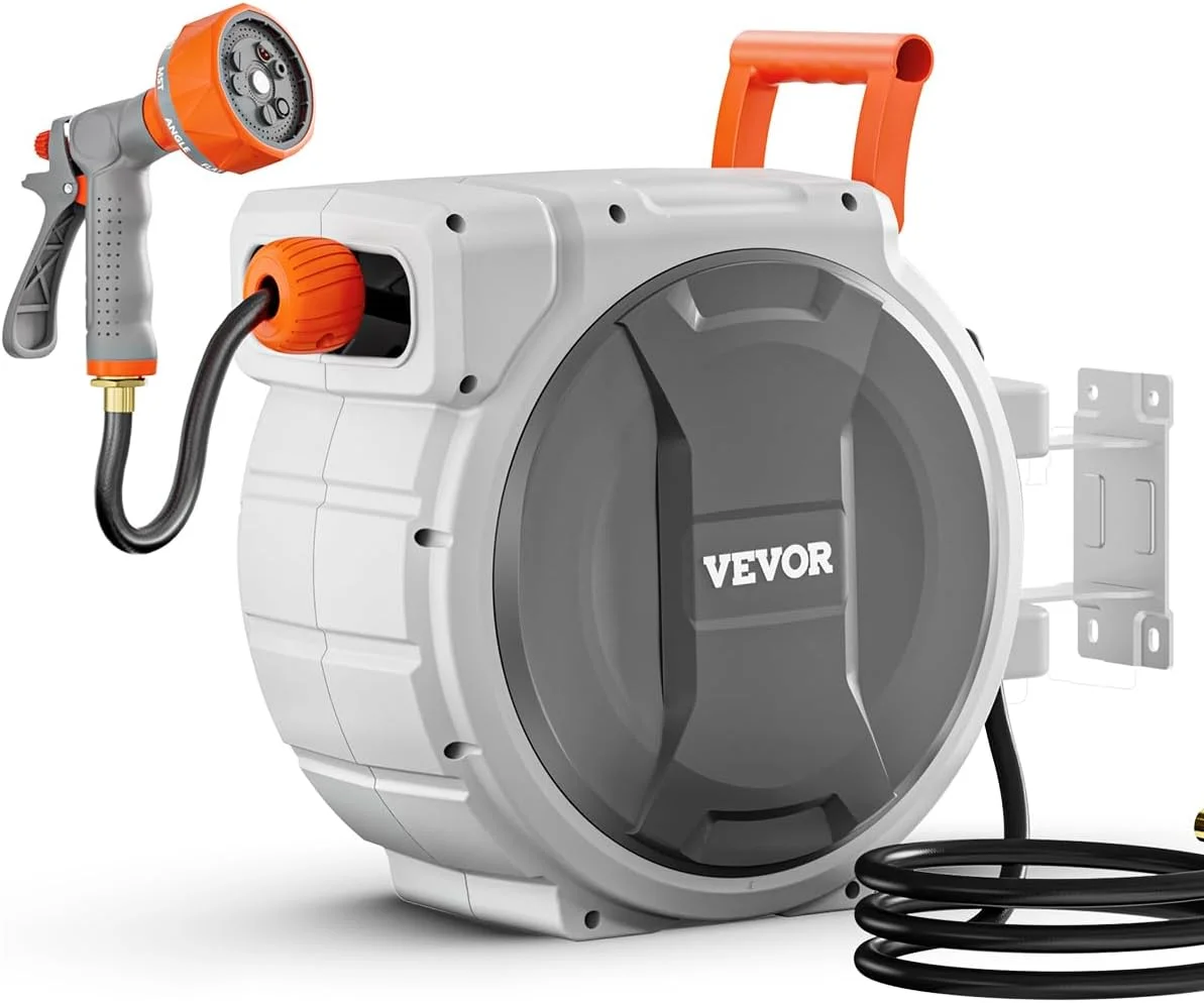 Retractable Garden Hose Reel, 1/2 in x 50 ft, Wall Mounted Hose Reel with 9-Function Sprayer Nozzle and 180?? - Image 2