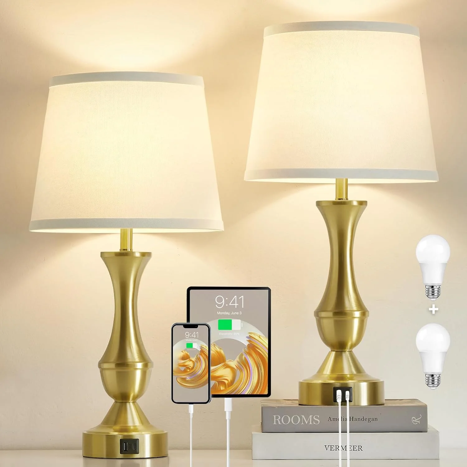 Table Lamp Set of 2, 19 Farmhouse Vintage Bedside Lamps for Living Room & Bedroom - Image 2