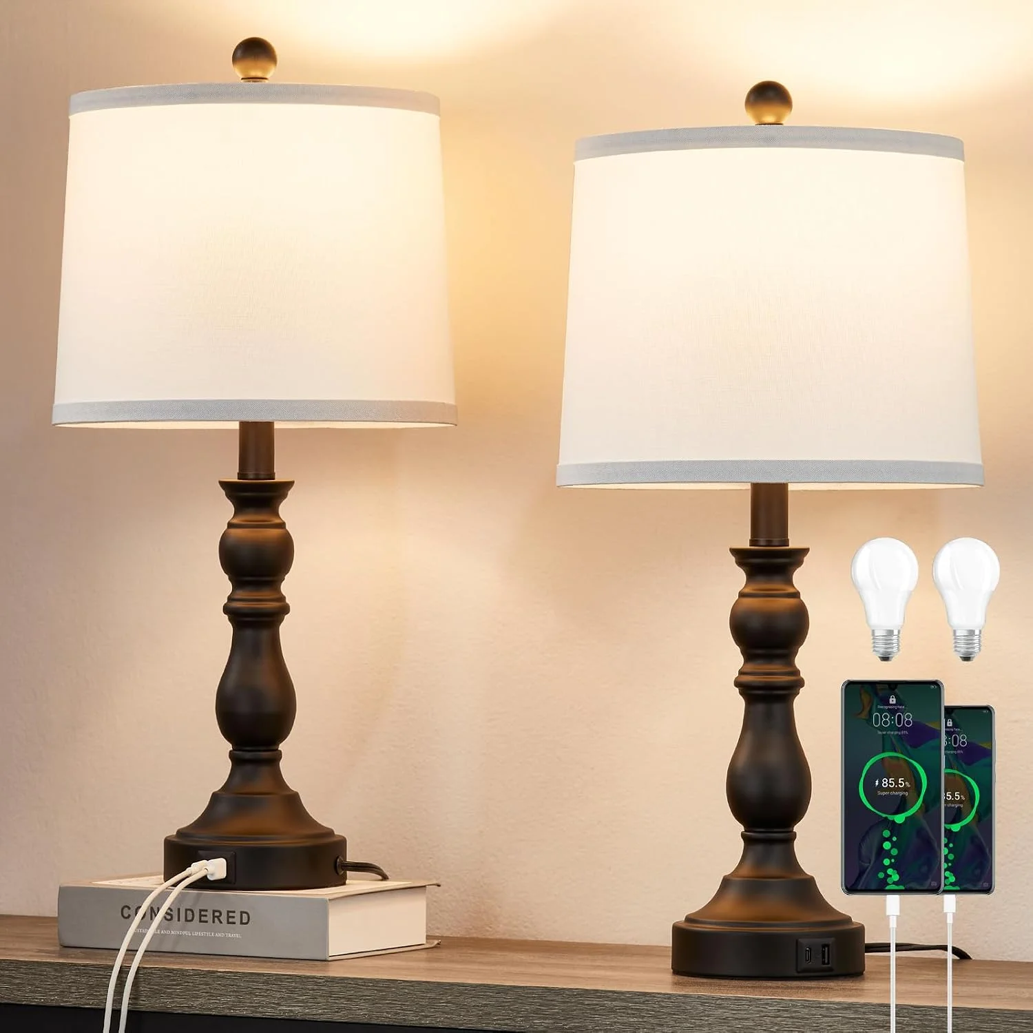 23'' Farmhouse Table Lamps for Living Room Set of 2 with USB C+A Ports, 3-Color Temperature, Bulb Included - Image 6