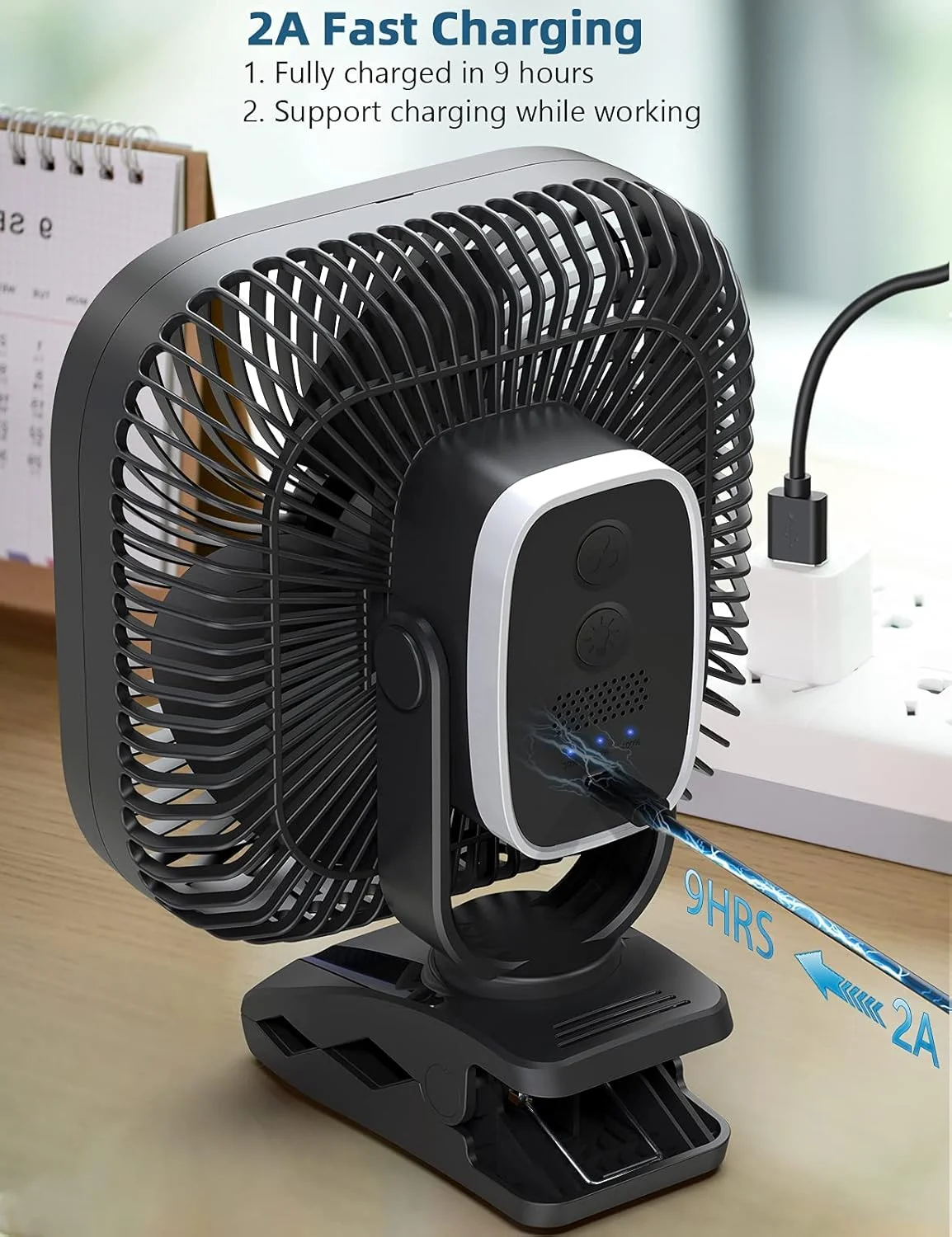 20000mAh Rechargeable Portable Clip-on Fan, Battery Operated, Last 78 Hrs, 4 Speeds with Light & Hook - Image 6