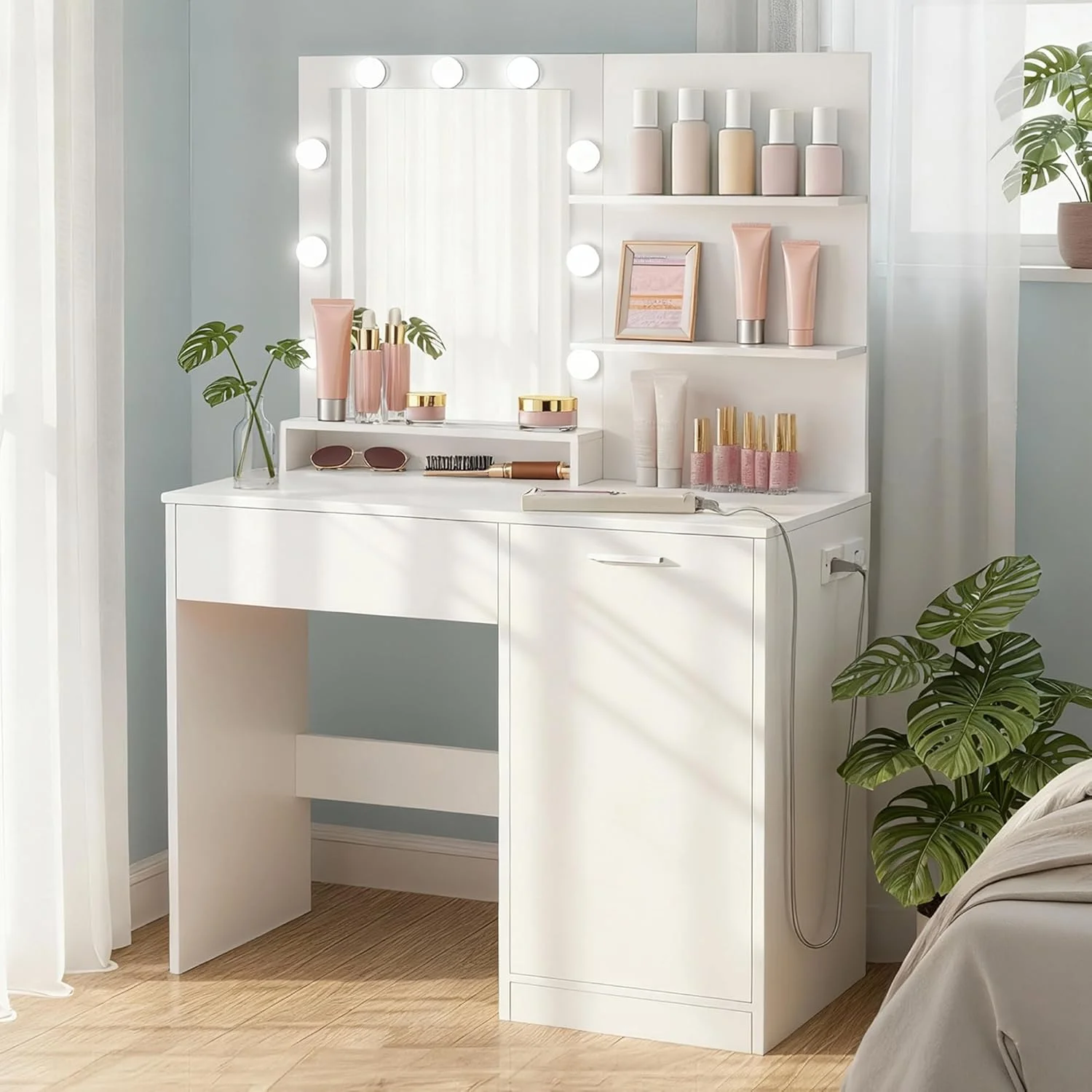KAILYN Collection, Vanity Desk with Mirror and 9 LED Bulbs, Dressing Table with 9 Drawers - Image 3