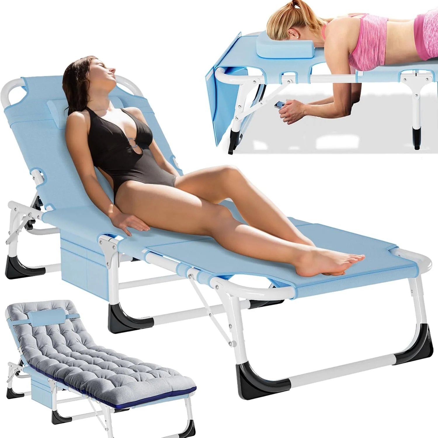Folding Lounge Chair 5-Position, Folding Cot, Portable Outdoor Chaise Lounge Chair for Sun Tanning - Image 2