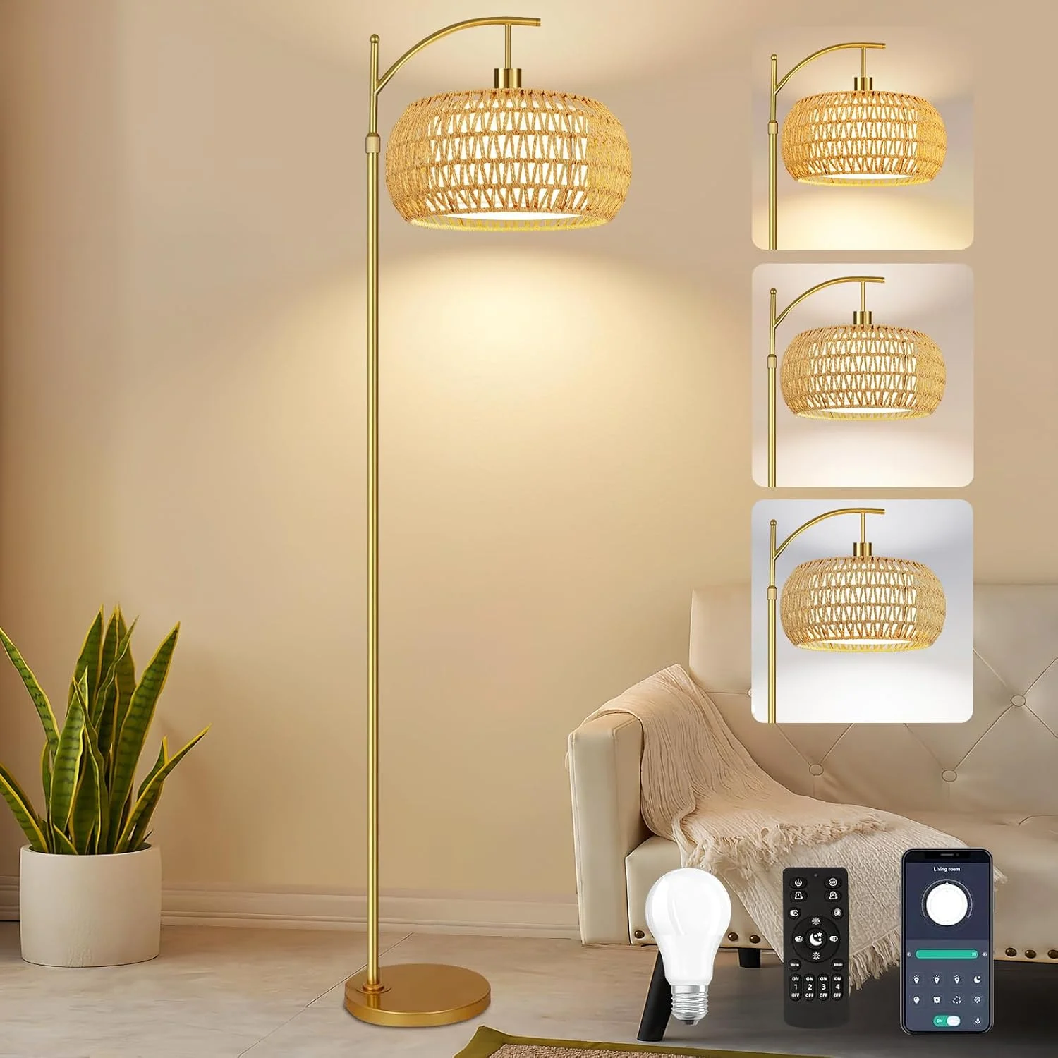 Floor Lamp for Living Room Rattan Boho Floor Lamp with Remote Control, Dimmable, 3-Color Temperature - Image 2