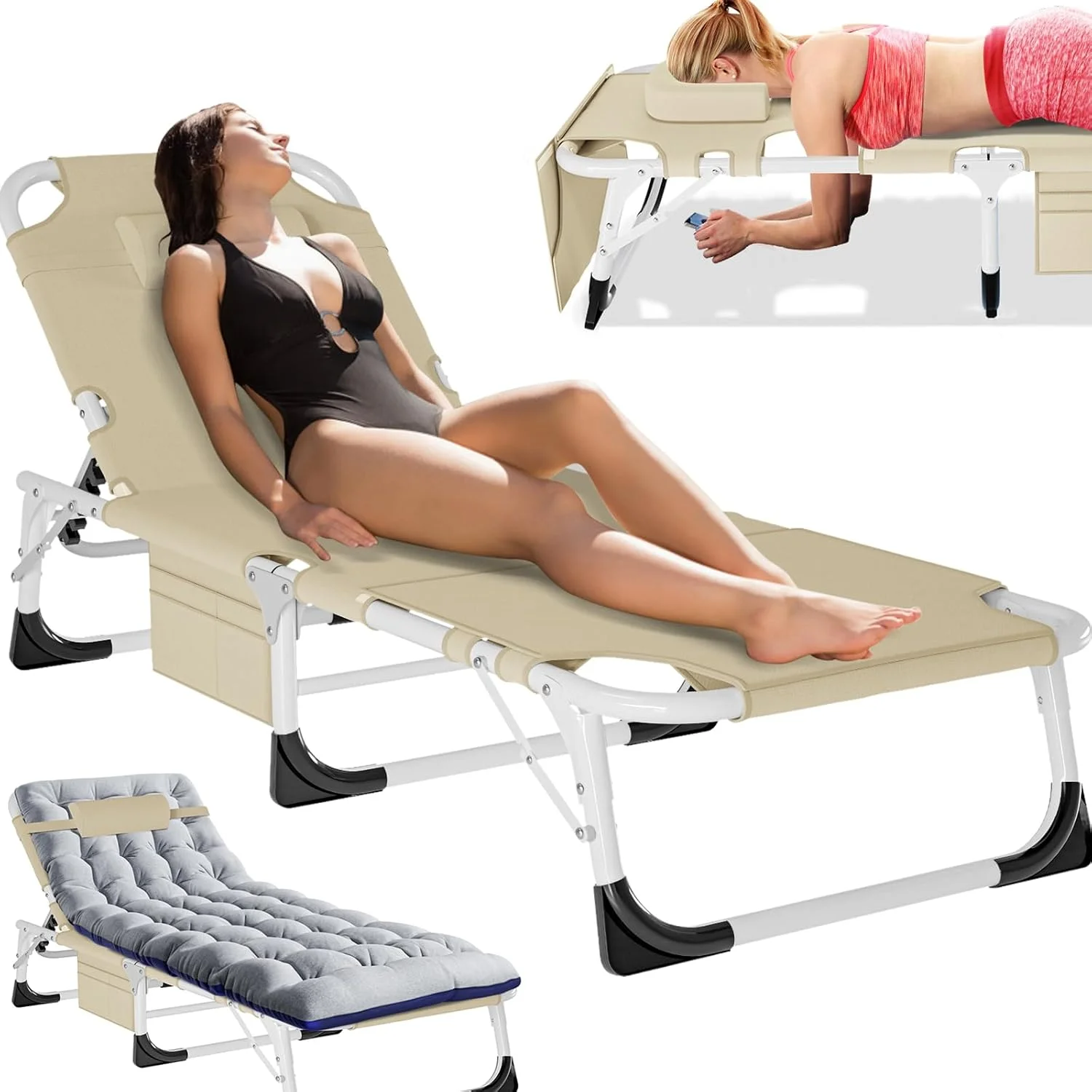 Folding Lounge Chair 5-Position, Folding Cot, Portable Outdoor Chaise Lounge Chair for Sun Tanning - Image 12