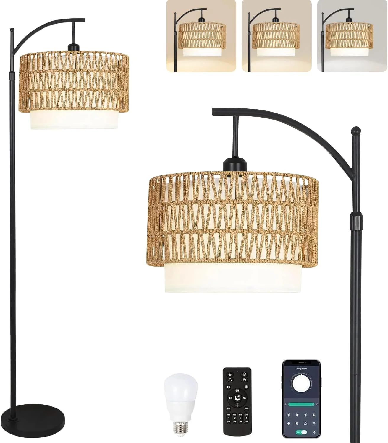 Floor Lamp for Living Room Rattan Boho Floor Lamp with Remote Control, Dimmable, 3-Color Temperature - Image 11