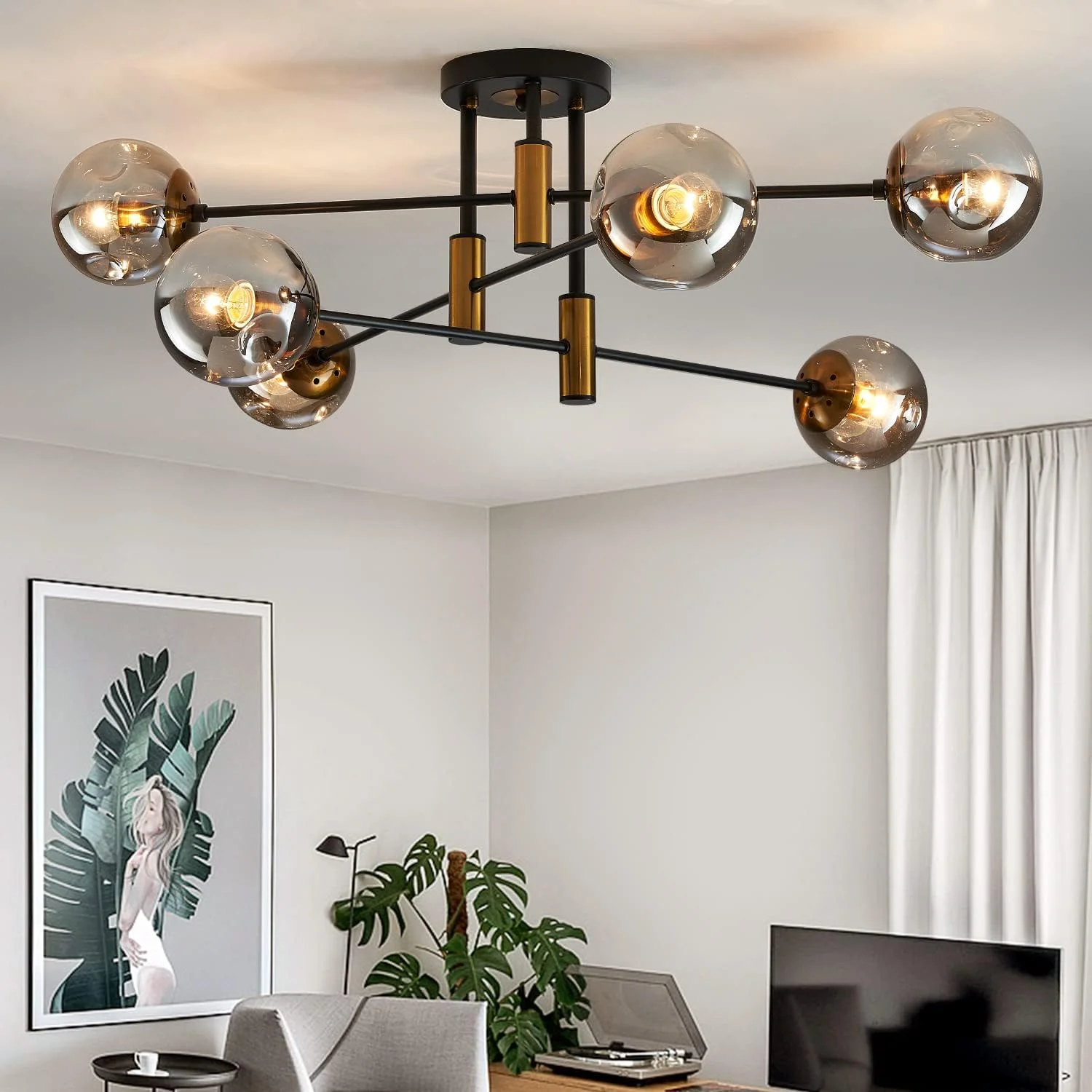 6-Light Glass Globe Sputnik Chandelier Modern Matte Black and Gold Ceiling Light Fixture Vintage Hanging - Image 10