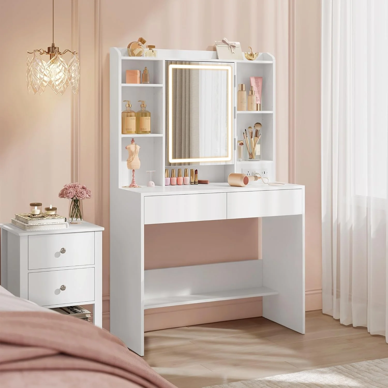 KAILYN Collection, Vanity Desk with Mirror and 9 LED Bulbs, Dressing Table with 9 Drawers