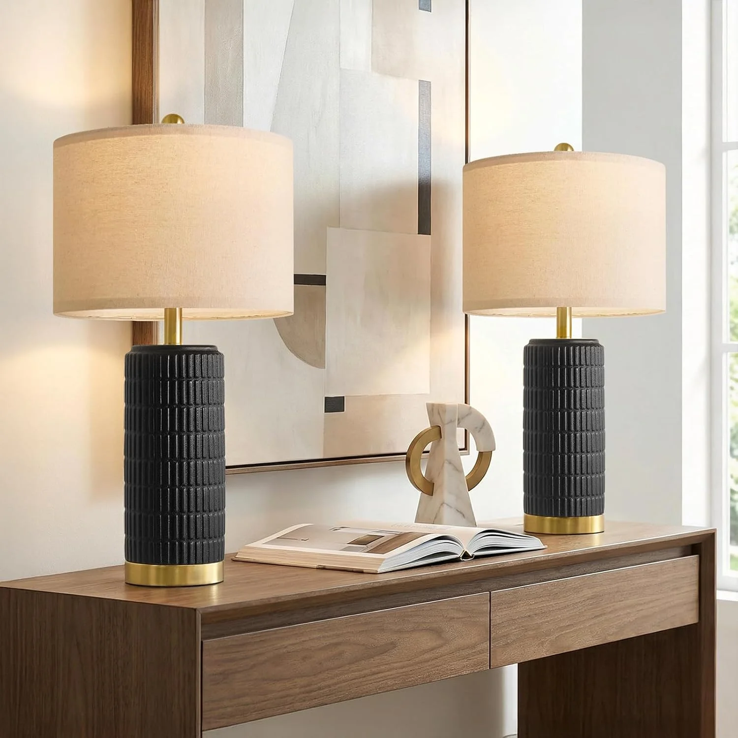 Small Bedside Table Lamp Set of 2 for Bedroom Living Room, 21.5'' Modern Ceramic Nightstand Lamps with Gold Base - Image 5