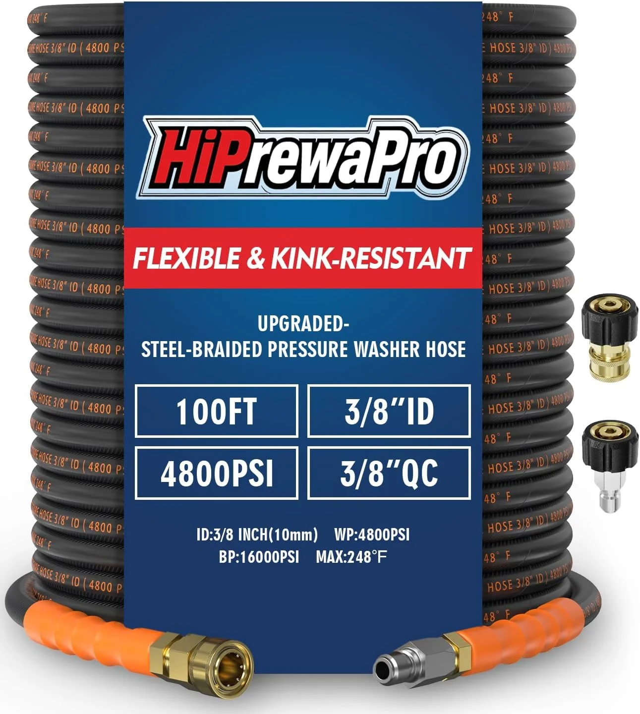 3/8 ID Pressure Washer Hose 50 ft, 4800 PSI Steel-Braided & Durable, Power Washer Hose with Swivel Quick - Image 9