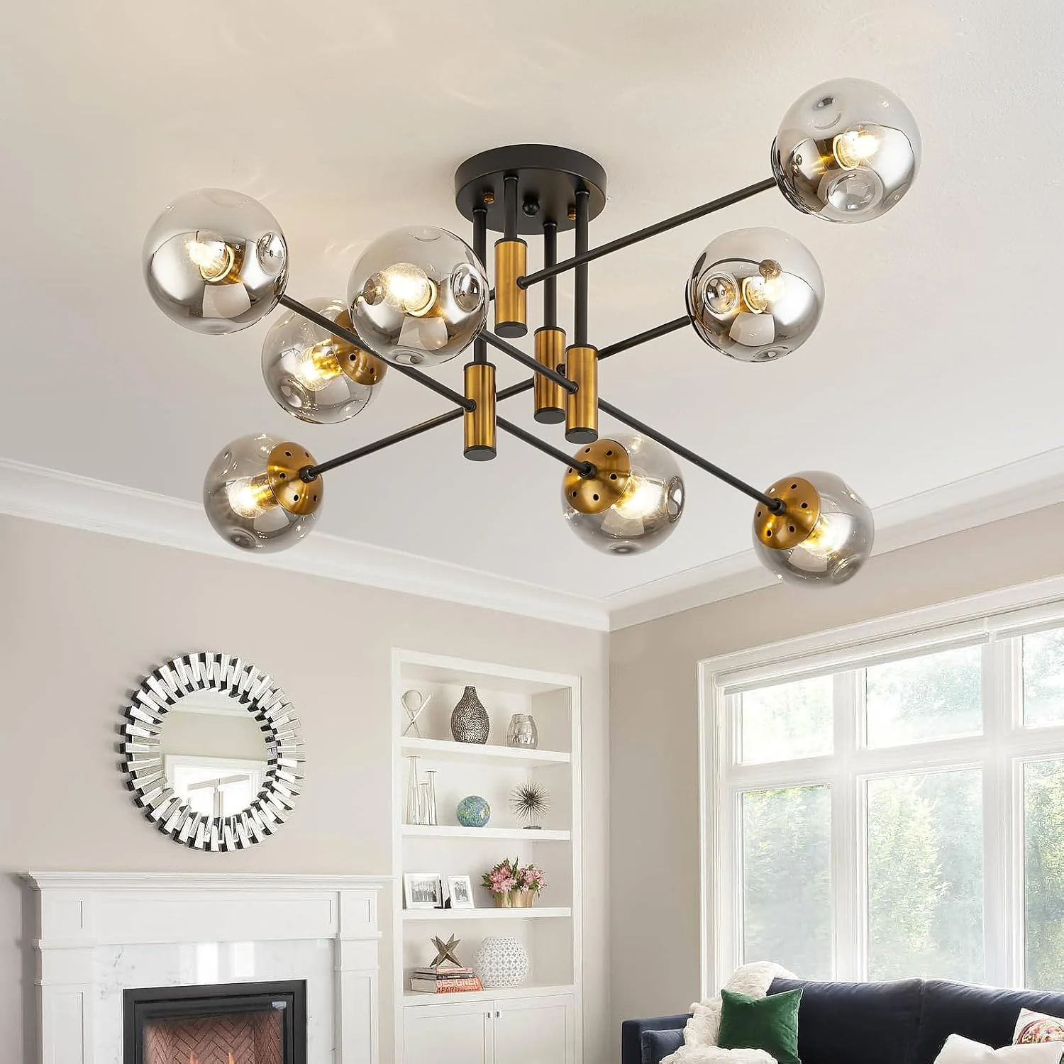 6-Light Glass Globe Sputnik Chandelier Modern Matte Black and Gold Ceiling Light Fixture Vintage Hanging - Image 9