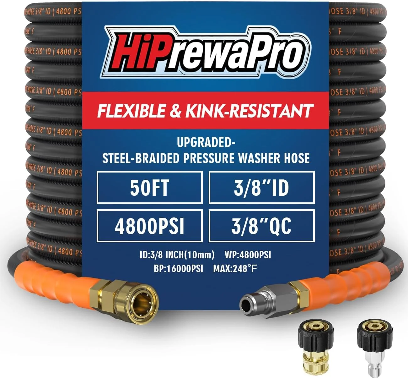 3/8 ID Pressure Washer Hose 50 ft, 4800 PSI Steel-Braided & Durable, Power Washer Hose with Swivel Quick - Image 2
