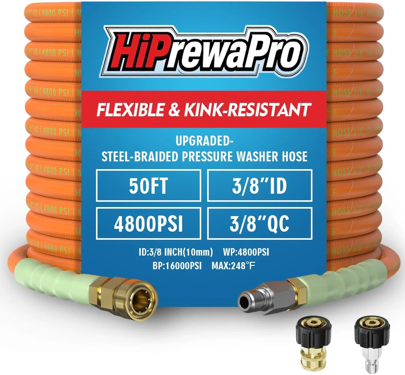 3/8 ID Pressure Washer Hose 50 ft, 4800 PSI Steel-Braided & Durable, Power Washer Hose with Swivel Quick - Image 5