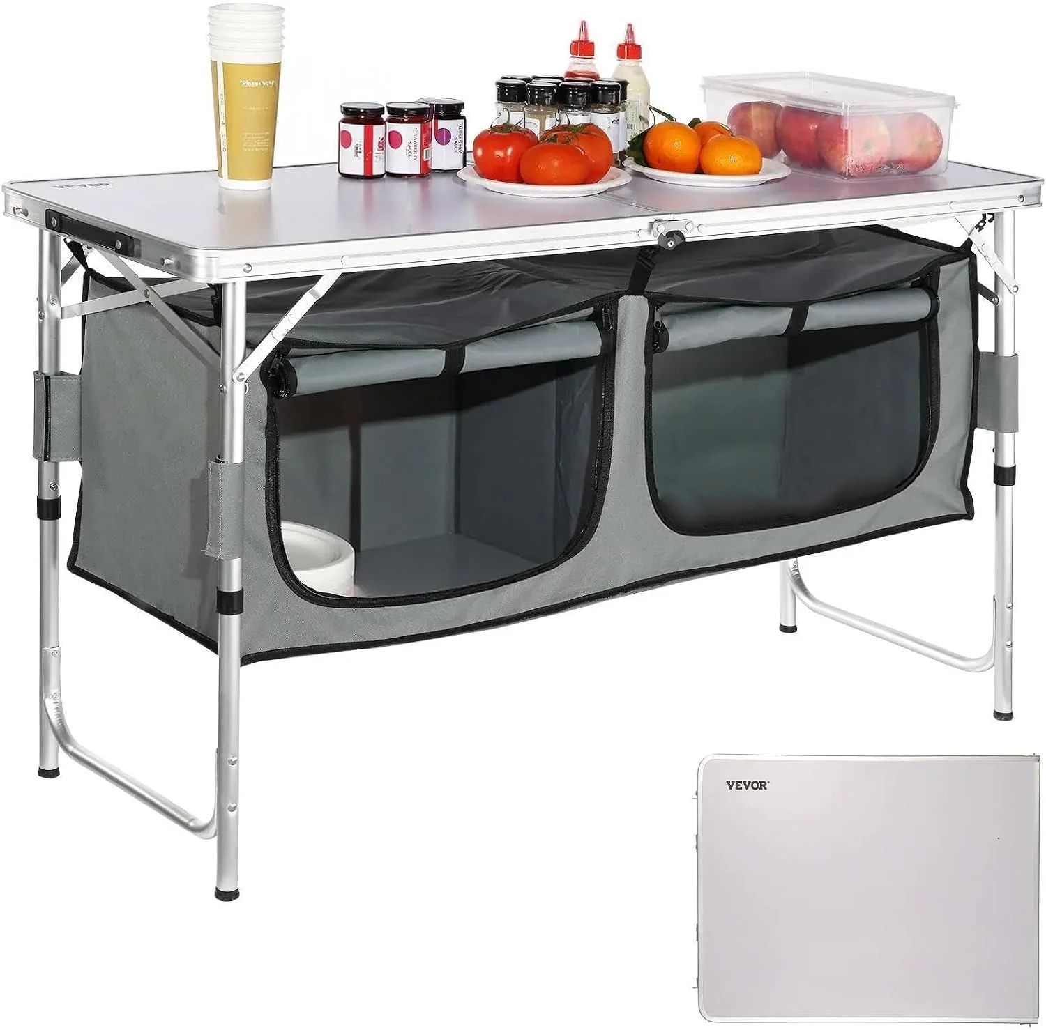 Camping Kitchen Station, 3 Adjustable Height Folding Outdoor Camp Cooking Table with Storage Organizer - Image 3
