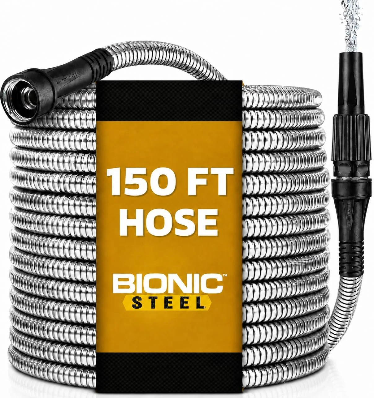 STEEL 150 Ft Metal Garden Hose with Sprayer Nozzle, Non Kinking Design, Stainless Steel Heavy Duty Water Hose - Image 6