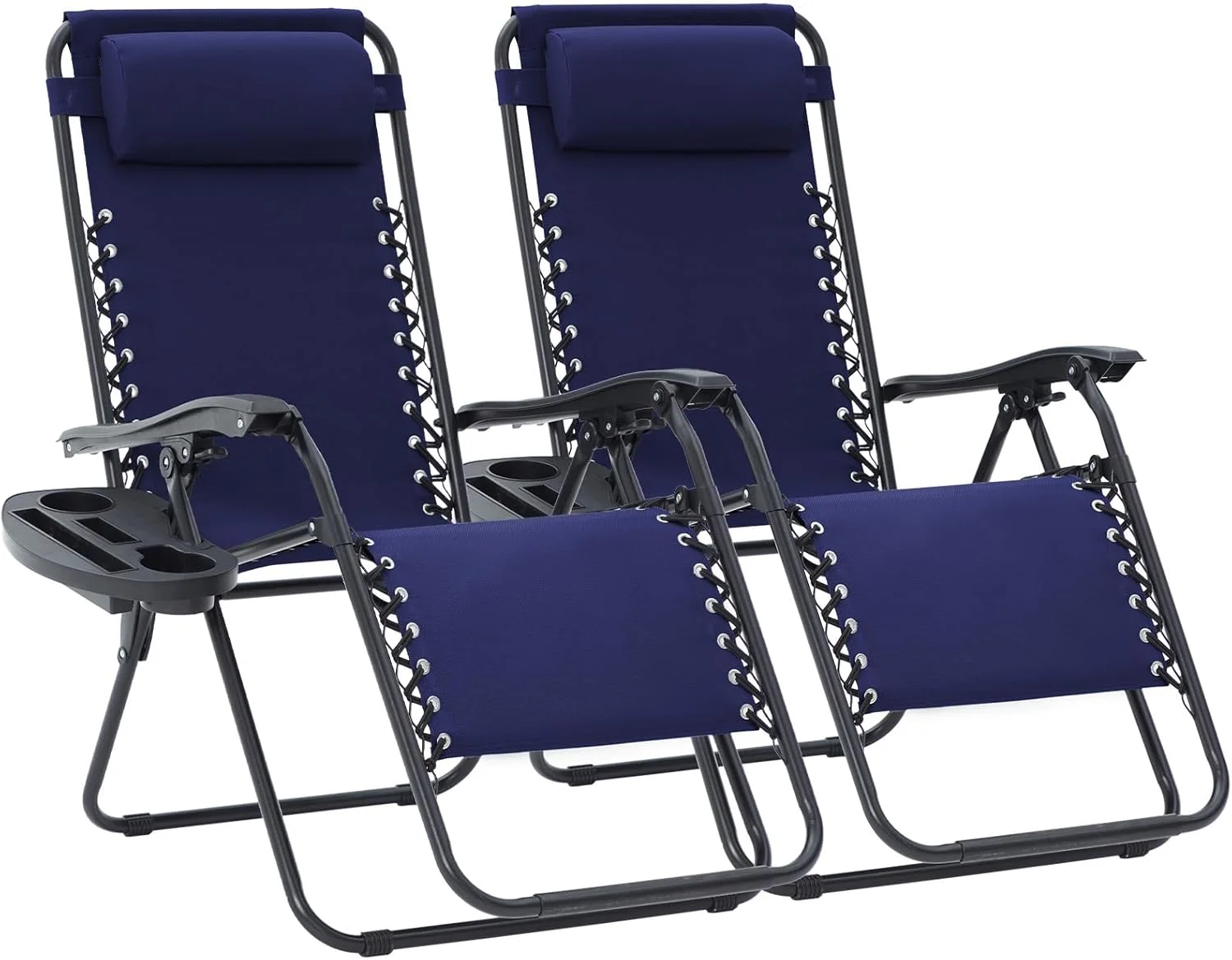 Zero Gravity Lounge Chairs Set of 2, Adjustable Steel Mesh Recliners with Pillows and Cup Holder Trays for Patio - Image 2