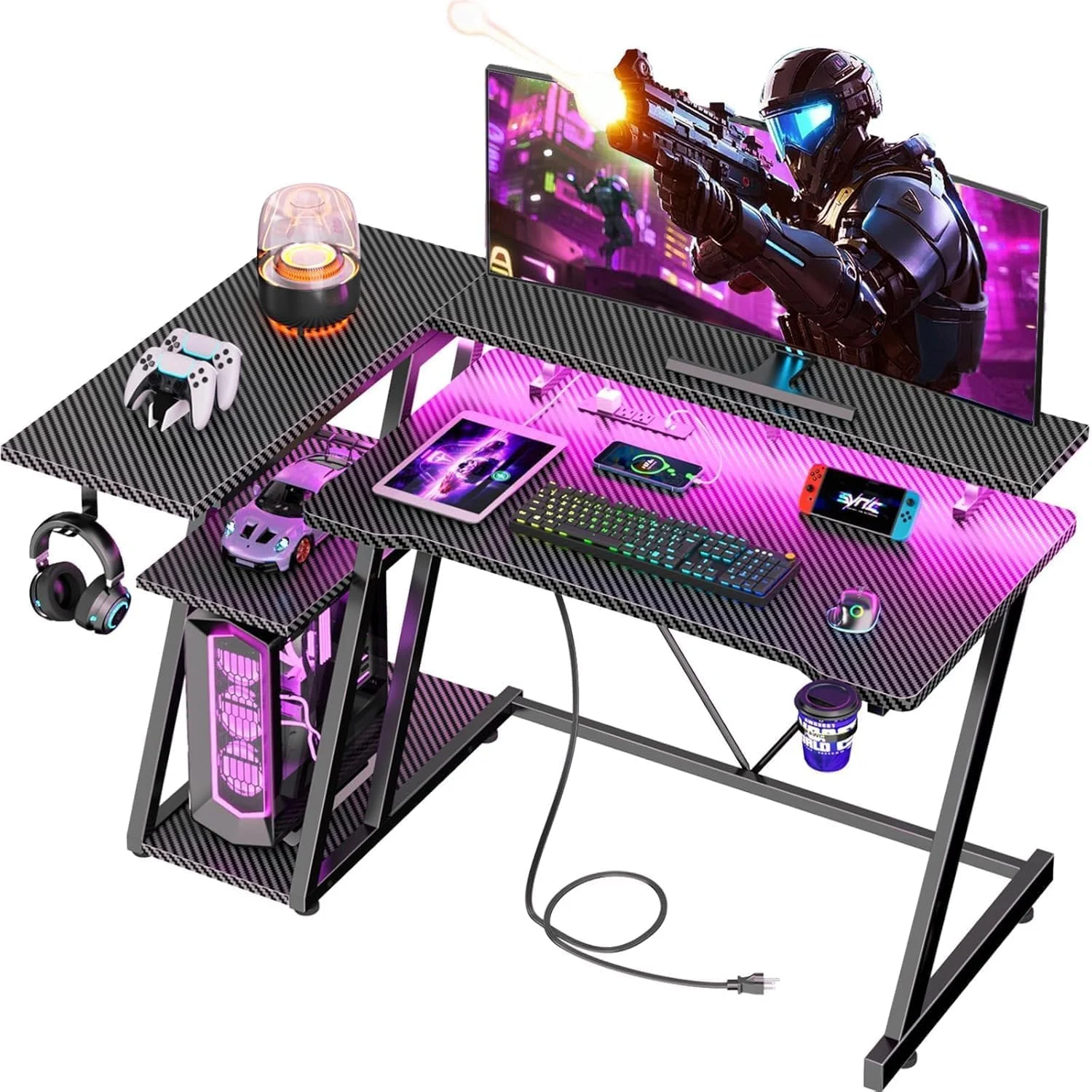 40 Inch Gaming Desk with Power Outlet & LED Lights, L Shaped Computer Gaming Table with 3 Tiers Storage Shelves - Image 3