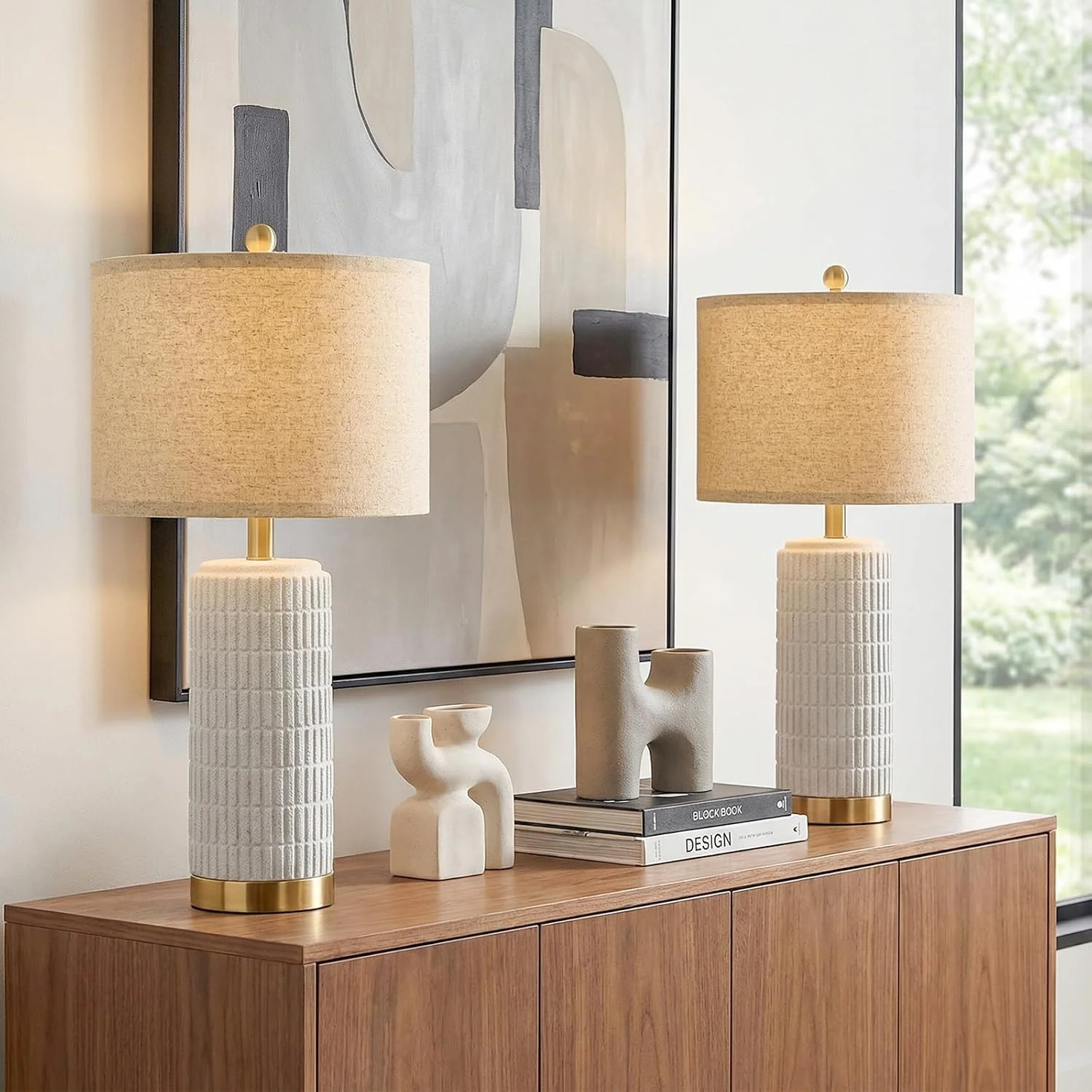 Small Bedside Table Lamp Set of 2 for Bedroom Living Room, 21.5'' Modern Ceramic Nightstand Lamps with Gold Base - Image 2