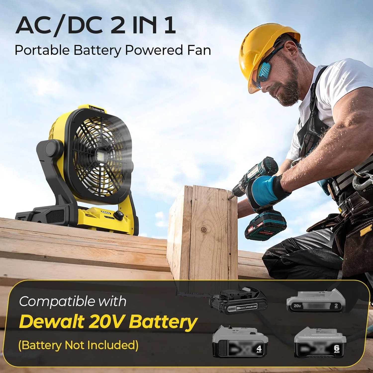 Battery Operated Fan for Dewalt 20V Max battery, Portable Fan with AC Adapter & LED Lights, 4 Speeds & Hook - Image 2