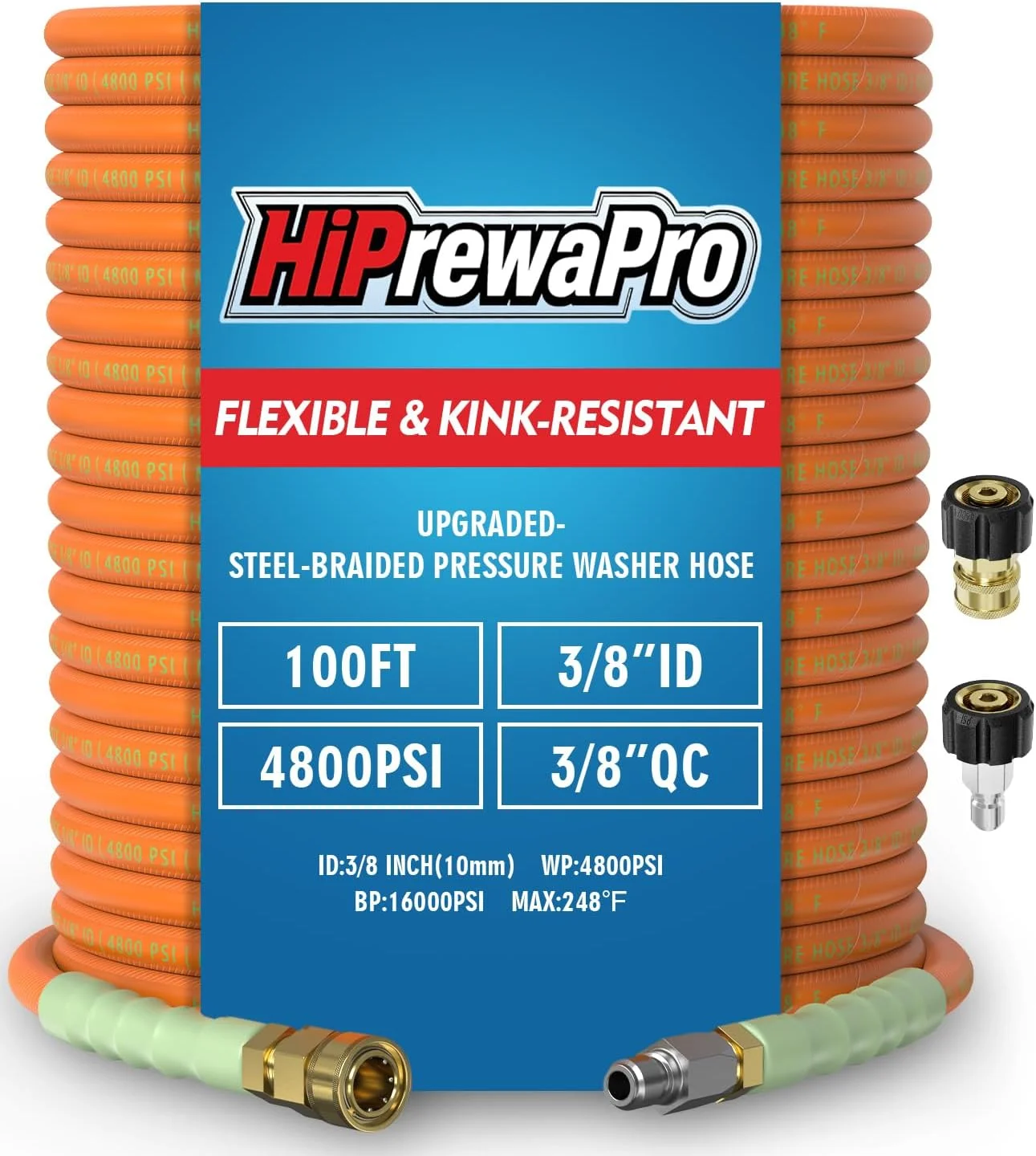 3/8 ID Pressure Washer Hose 50 ft, 4800 PSI Steel-Braided & Durable, Power Washer Hose with Swivel Quick - Image 6