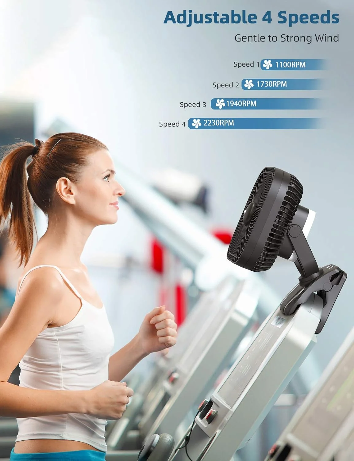 20000mAh Rechargeable Portable Clip-on Fan, Battery Operated, Last 78 Hrs, 4 Speeds with Light & Hook - Image 3