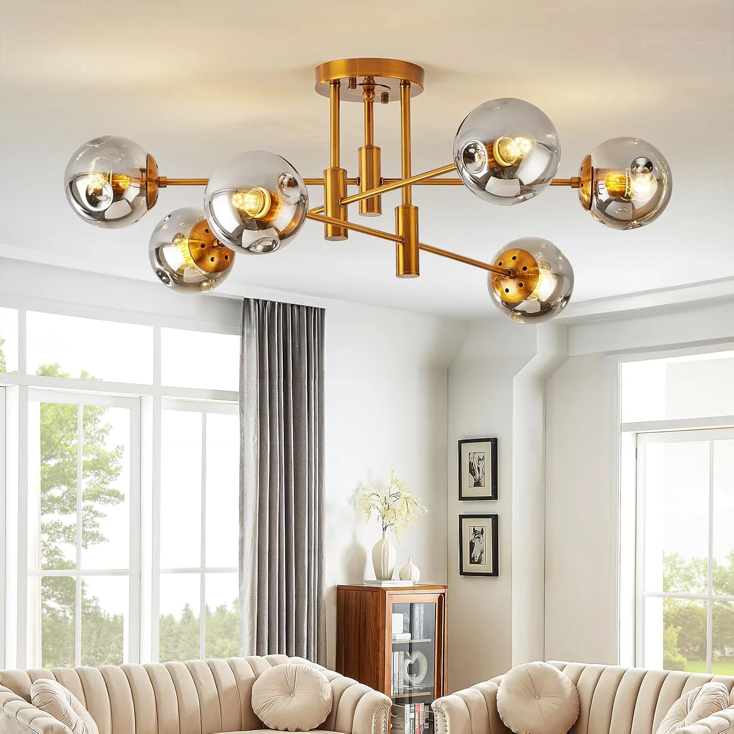 6-Light Glass Globe Sputnik Chandelier Modern Matte Black and Gold Ceiling Light Fixture Vintage Hanging - Image 7