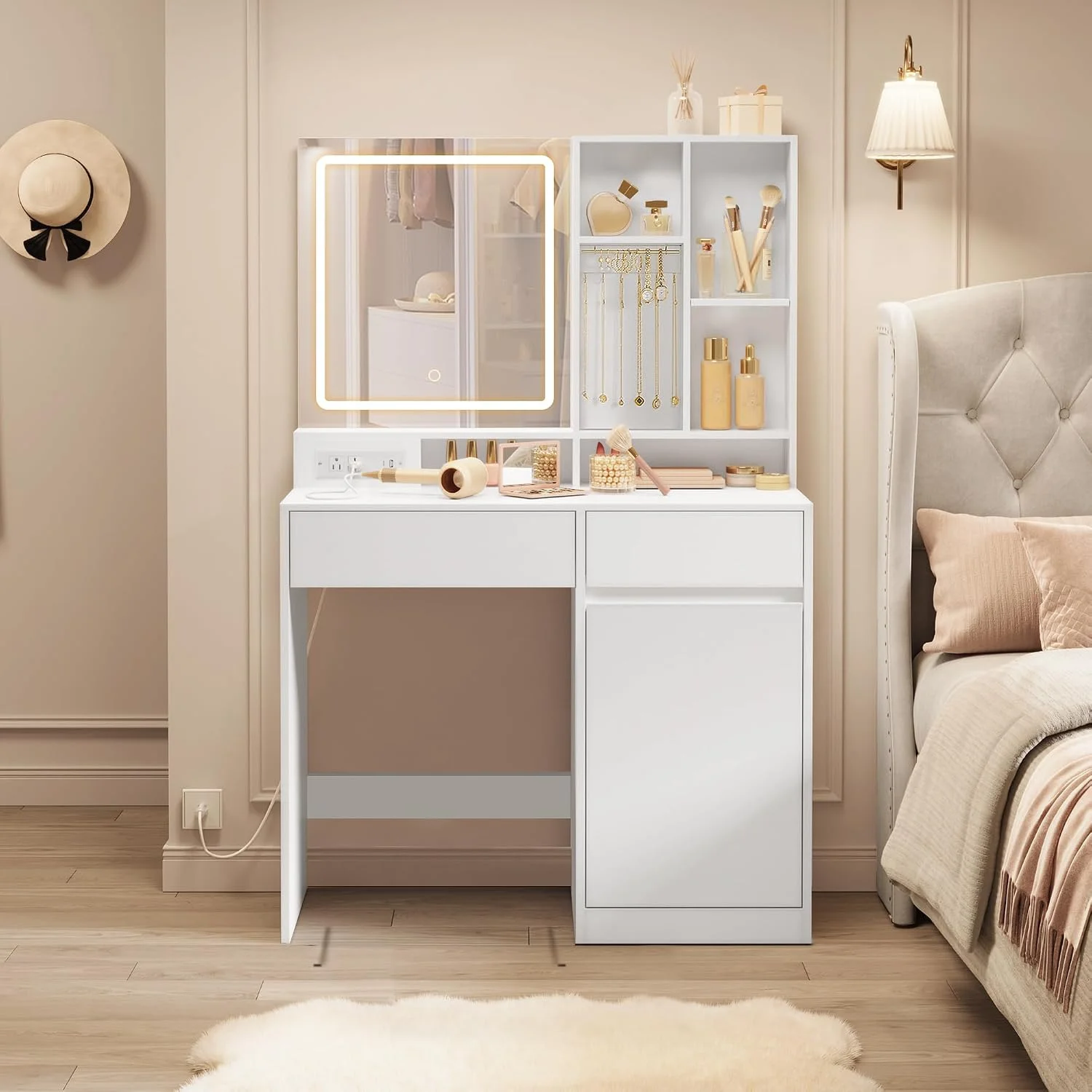 KAILYN Collection, Vanity Desk with Mirror and 9 LED Bulbs, Dressing Table with 9 Drawers - Image 6