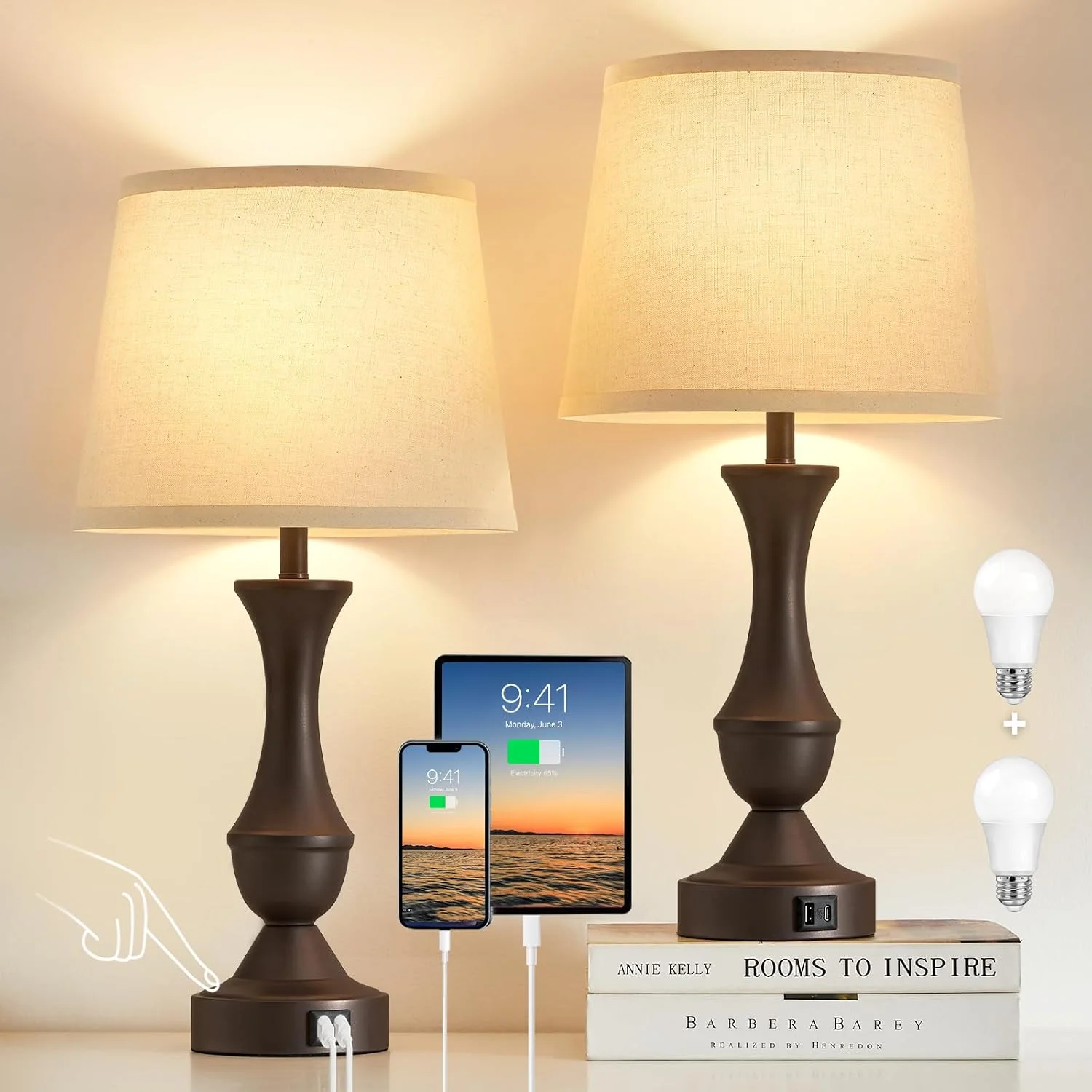 Table Lamp Set of 2, 19 Farmhouse Vintage Bedside Lamps for Living Room & Bedroom - Image 10