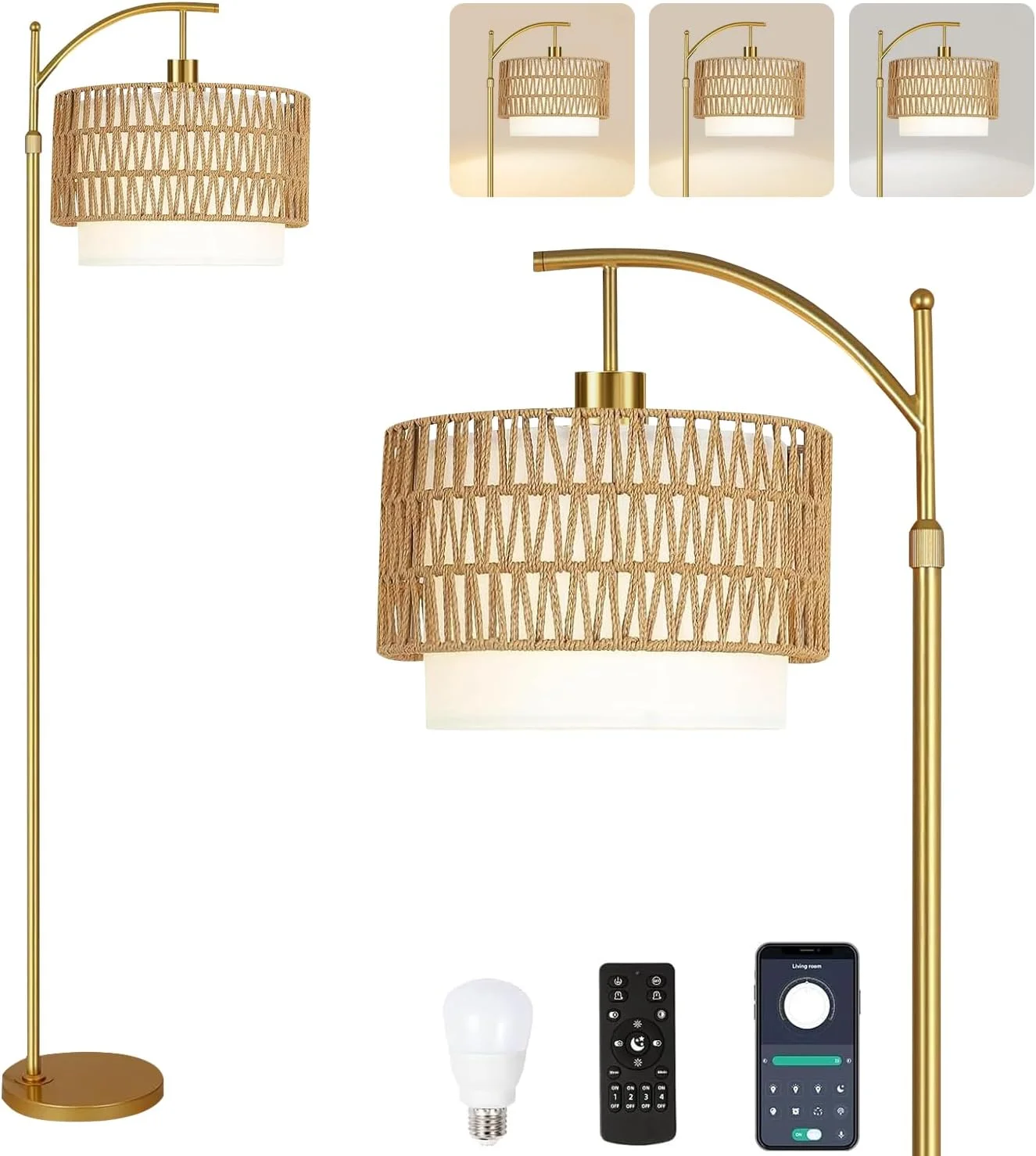 Floor Lamp for Living Room Rattan Boho Floor Lamp with Remote Control, Dimmable, 3-Color Temperature - Image 5