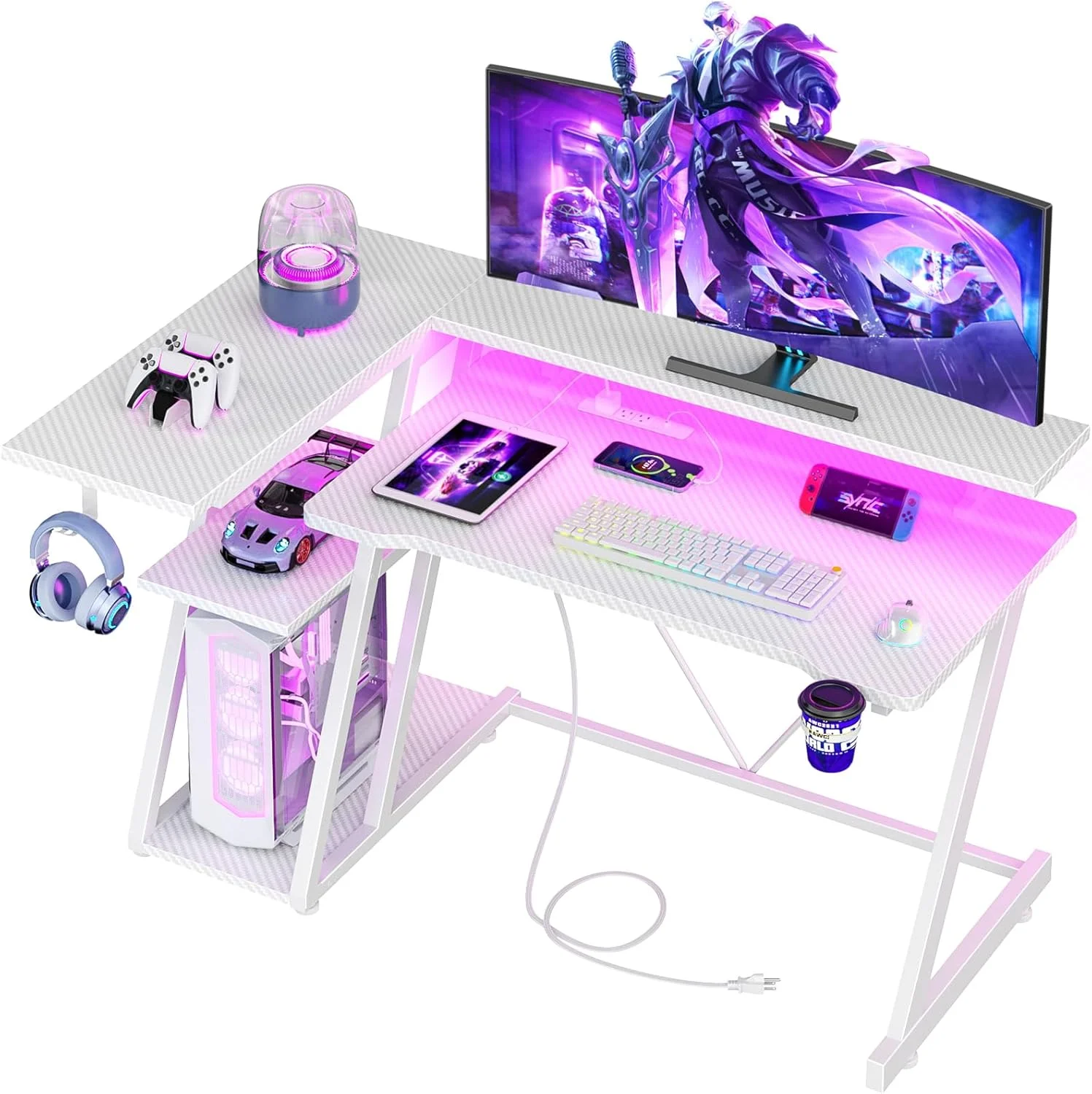 40 Inch Gaming Desk with Power Outlet & LED Lights, L Shaped Computer Gaming Table with 3 Tiers Storage Shelves - Image 4