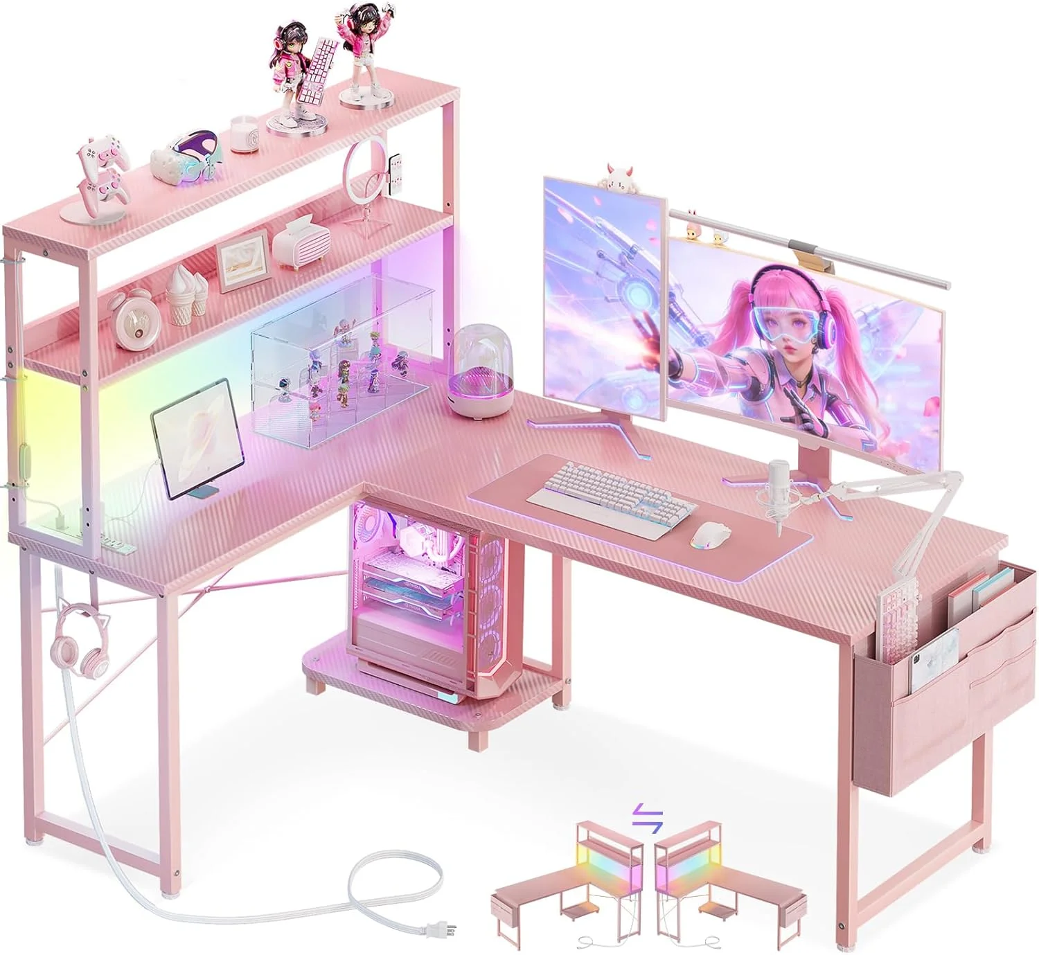 L Shaped Desk Gaming Desk with LED Light & Power Outlet, 53 Inch Black Reversible L Shaped Computer Table with - Image 3