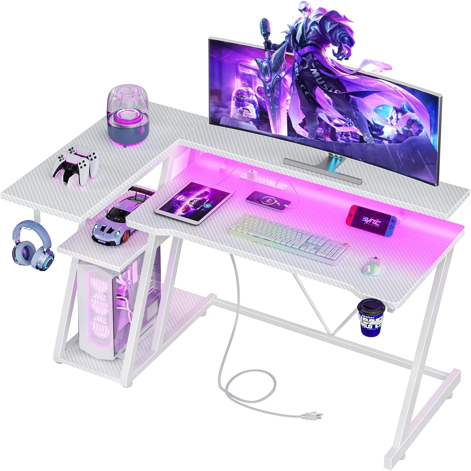 40 Inch Gaming Desk with Power Outlet & LED Lights, L Shaped Computer Gaming Table with 3 Tiers Storage Shelves - Image 5