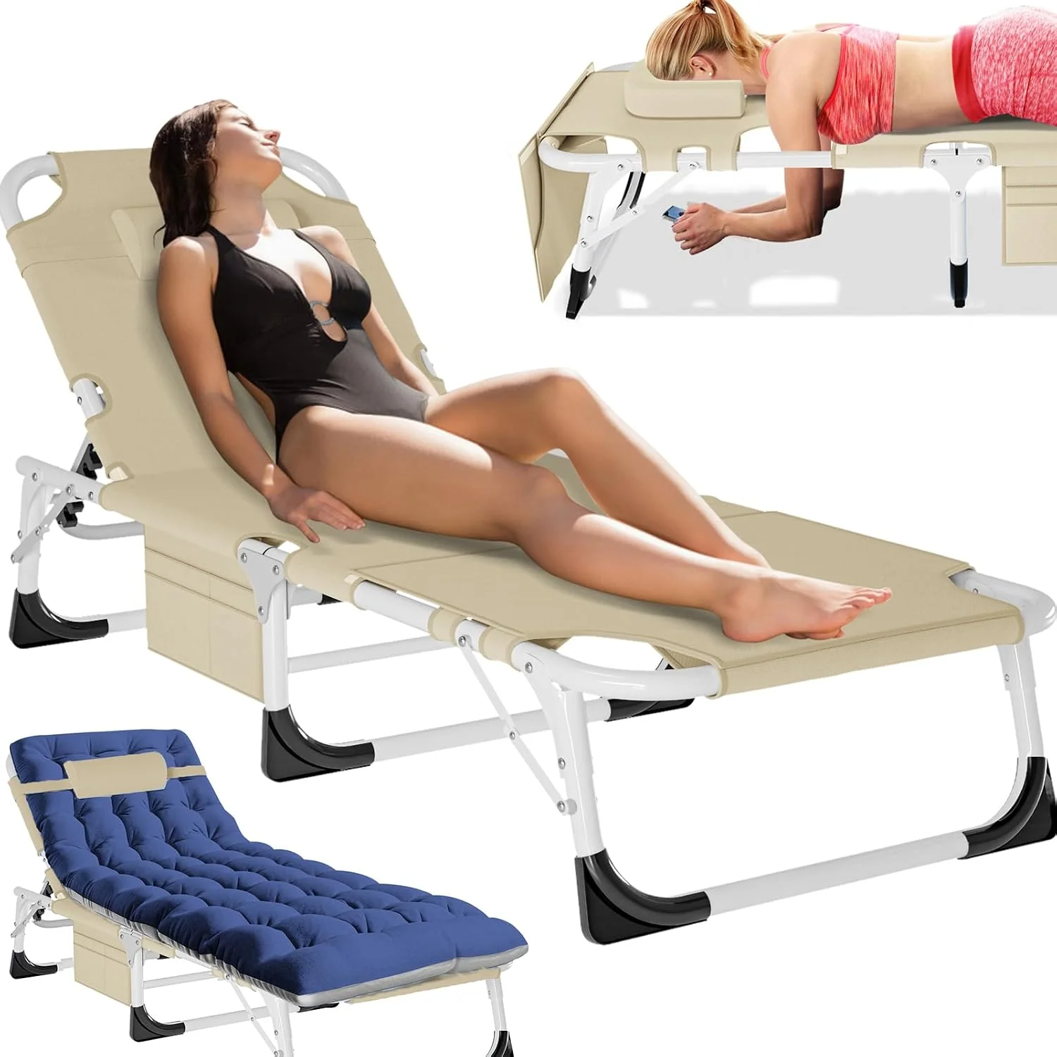 Folding Lounge Chair 5-Position, Folding Cot, Portable Outdoor Chaise Lounge Chair for Sun Tanning - Image 3
