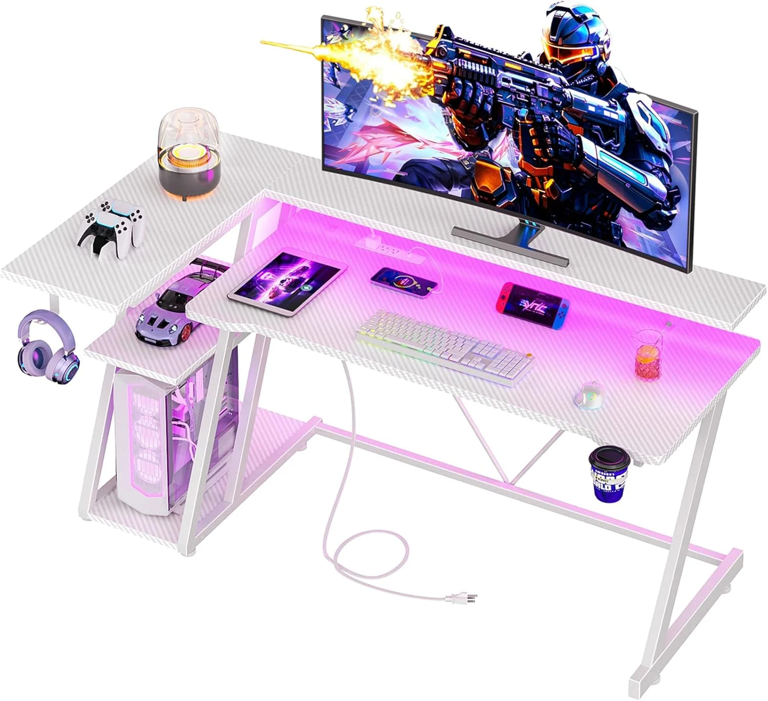 40 Inch Gaming Desk with Power Outlet & LED Lights, L Shaped Computer Gaming Table with 3 Tiers Storage Shelves - Image 6