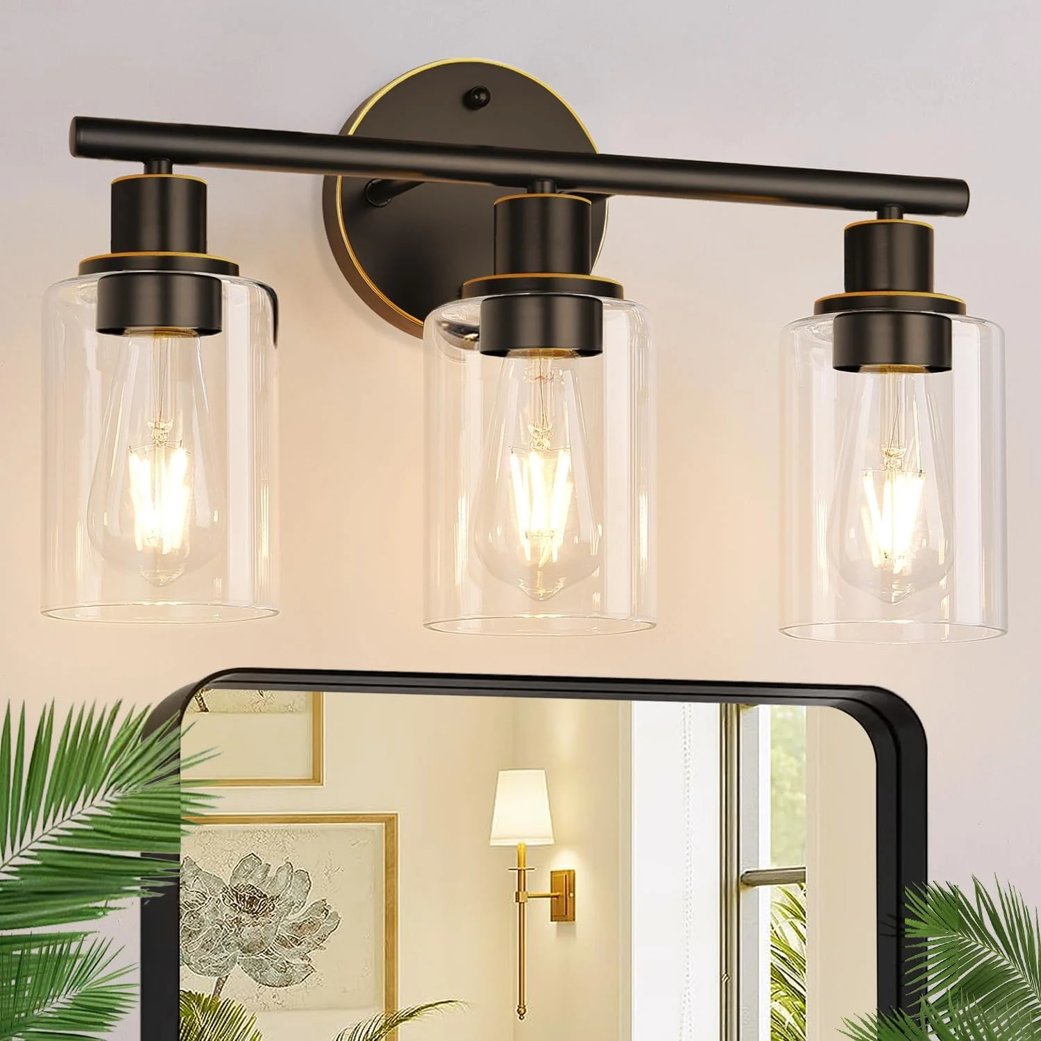 3-Light Bathroom Light Fixtures, 17.23 Black Modern Vanity Lights with Clear Glass Shade - Image 5