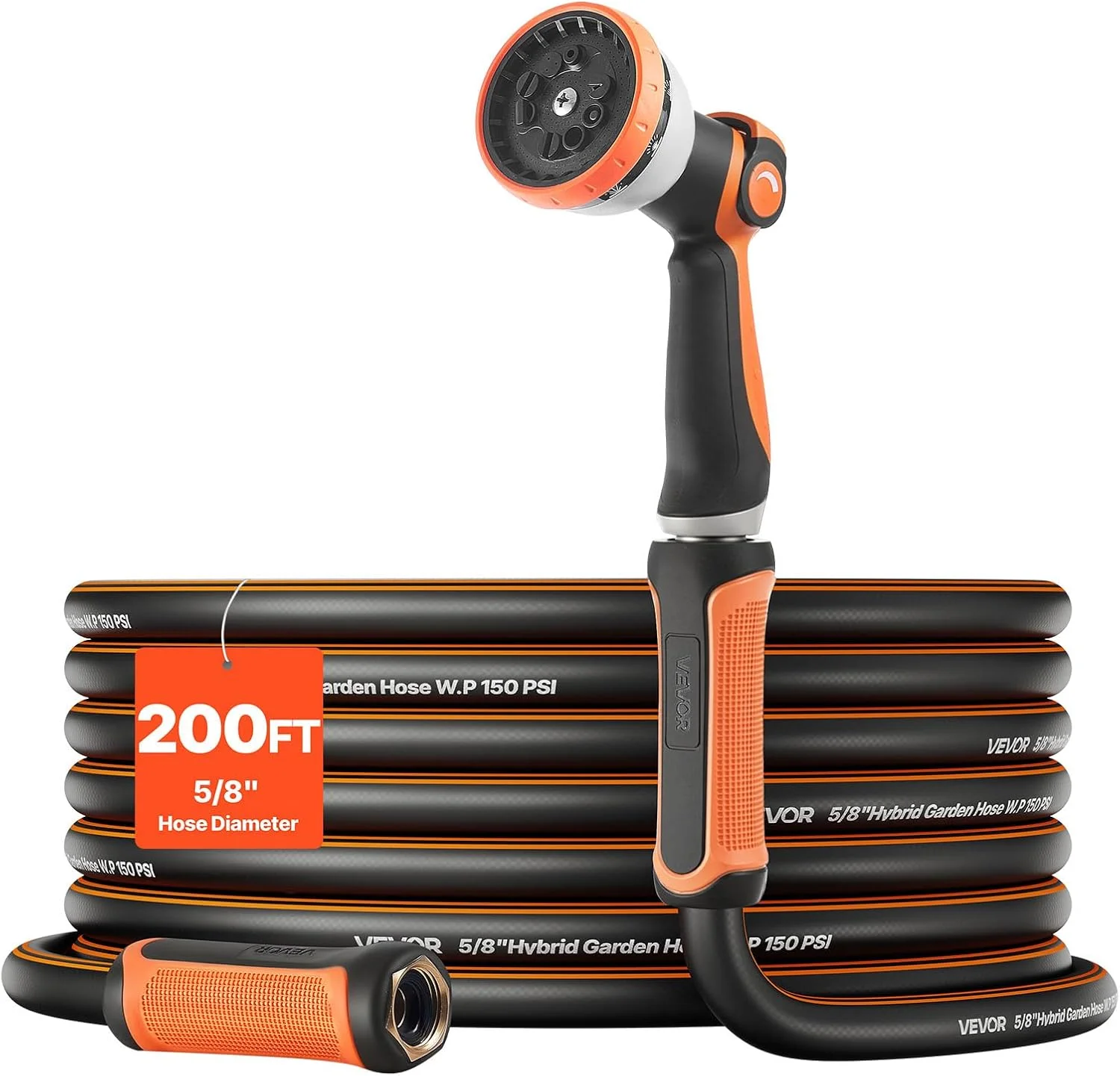 Garden Hose, 200 ft 5/8 Heavy Duty Rubber Water Hose with 10 Mode Nozzle, 150PSI Working & 600PSI Burst