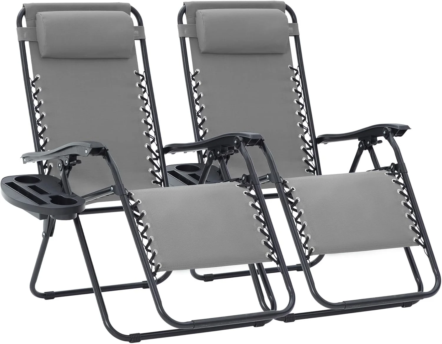Zero Gravity Lounge Chairs Set of 2, Adjustable Steel Mesh Recliners with Pillows and Cup Holder Trays for Patio - Image 3