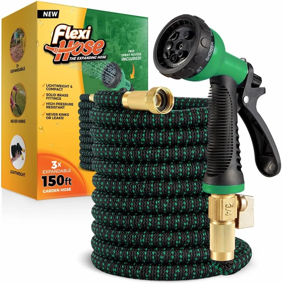 Hose with 8 Function Nozzle, 50FT - Lightweight Expandable Garden Hose, No-Kink Flexibility, 3/4 Inch Solid Brass - For Garden Watering