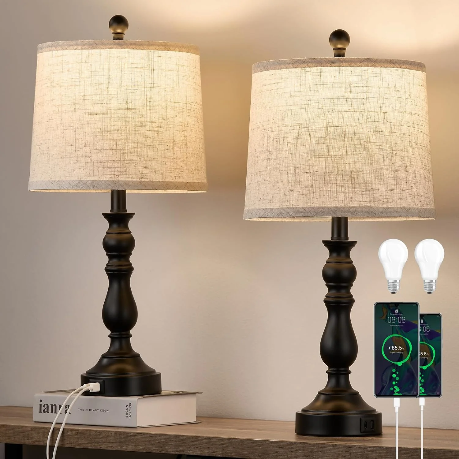 23'' Farmhouse Table Lamps for Living Room Set of 2 with USB C+A Ports, 3-Color Temperature, Bulb Included - Image 2
