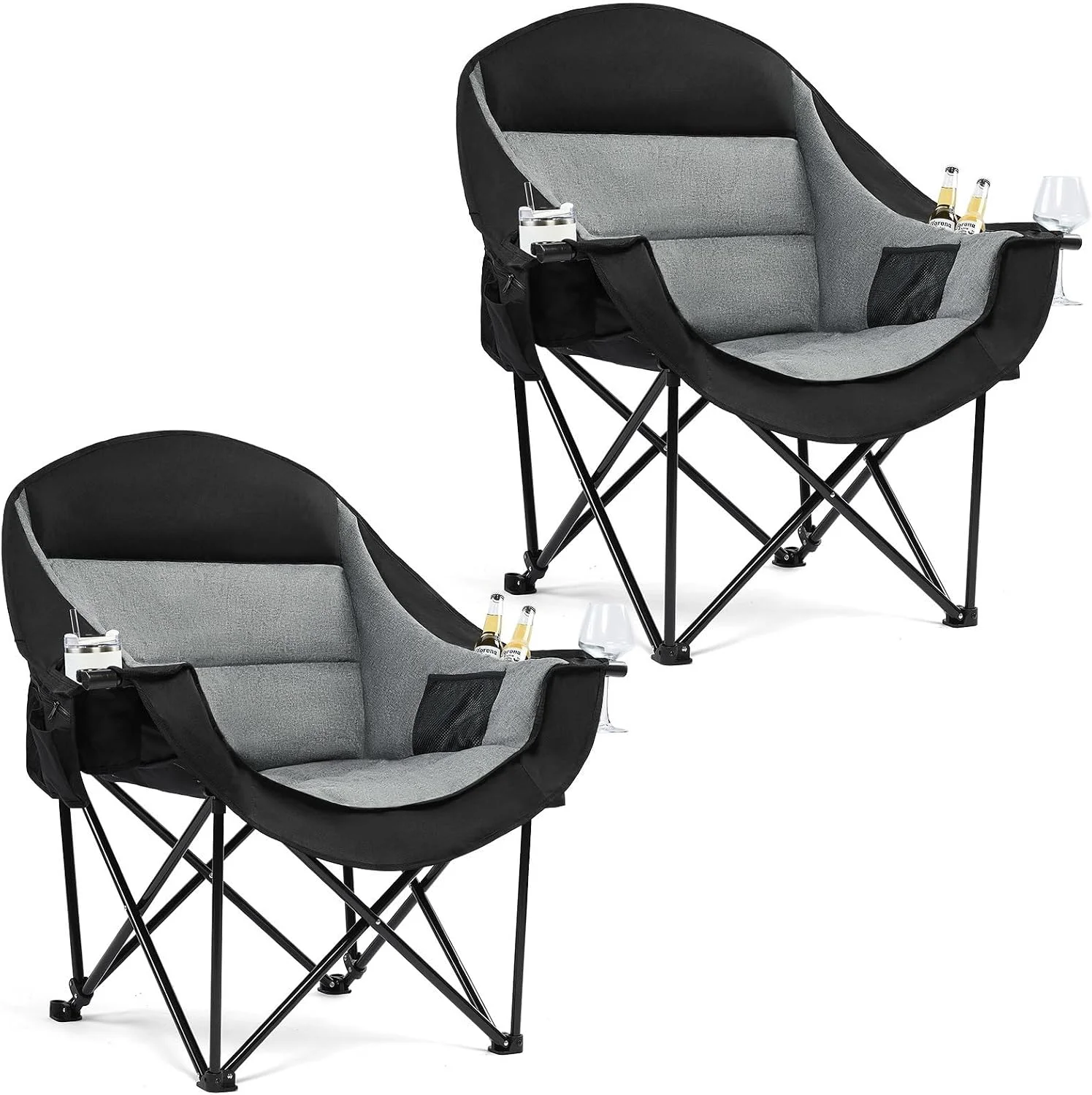 Camping Chairs for Adults, Heavy Duty Padded Outdoor Folding Lawn XL Camp Chair with Cup Holder Cooler Pockets