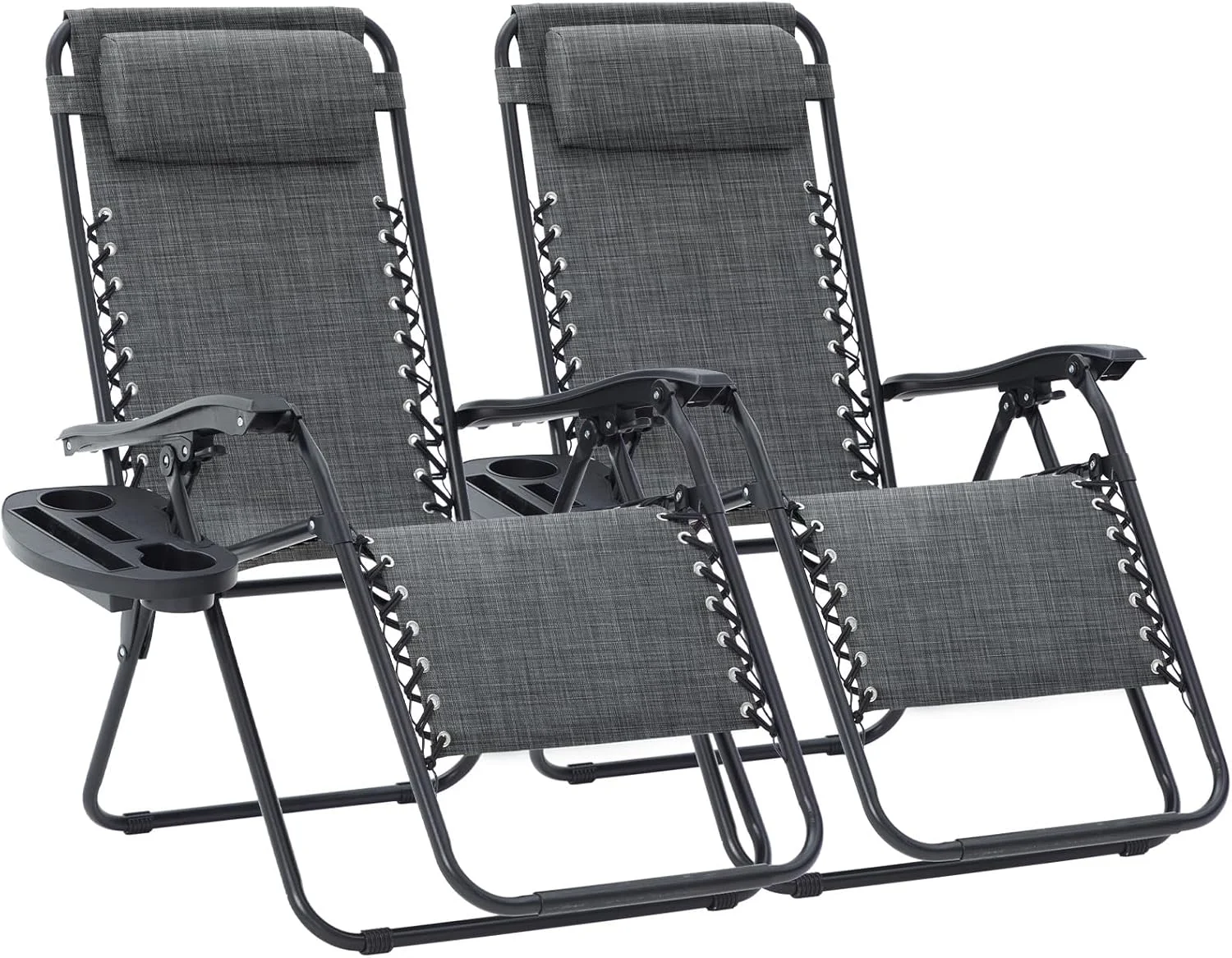 Zero Gravity Lounge Chairs Set of 2, Adjustable Steel Mesh Recliners with Pillows and Cup Holder Trays for Patio