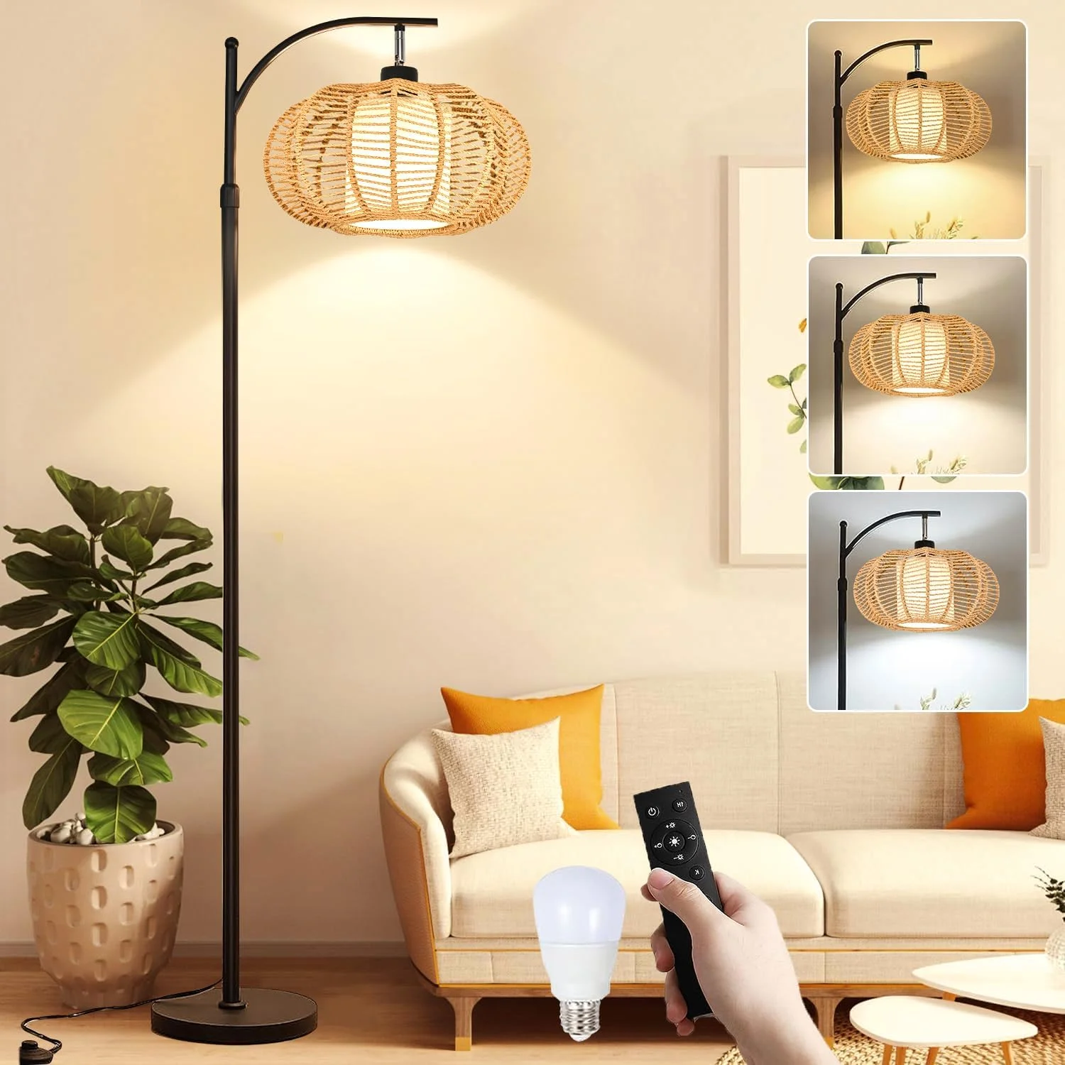 Floor Lamp for Living Room Rattan Boho Floor Lamp with Remote Control, Dimmable, 3-Color Temperature - Image 9