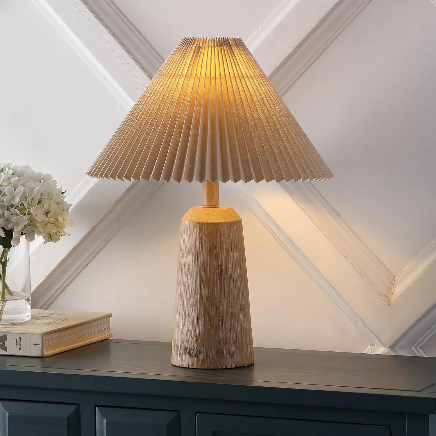 Y 20.5 Beige Wood Finish Resin Cylinder Table Lamp Modern Rustic Scandinavian Bedside Lamp for Living Room - Image 3