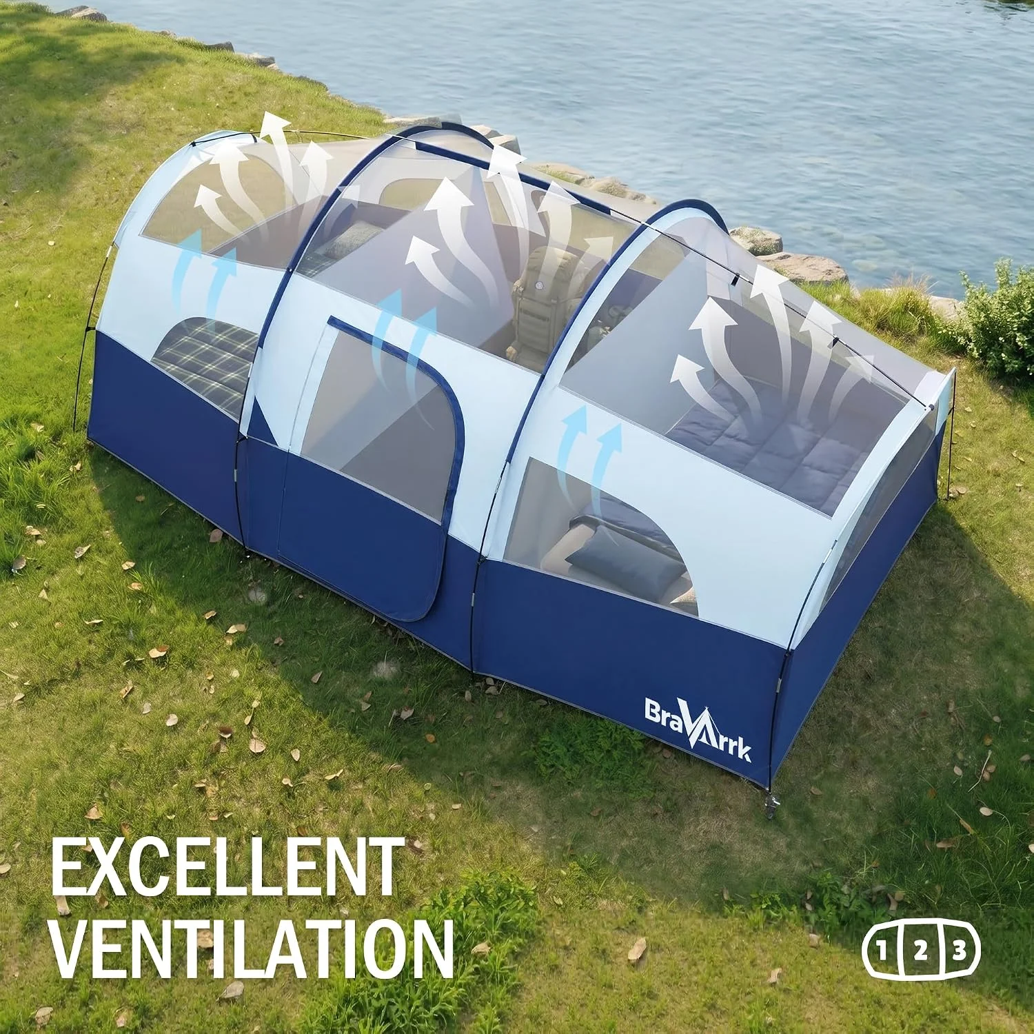 Camping Tent for 8 Person, PU3000MM Waterproof Family Tent with Rainfly, Large Roomy 3 Room Camping Tents with - Image 4