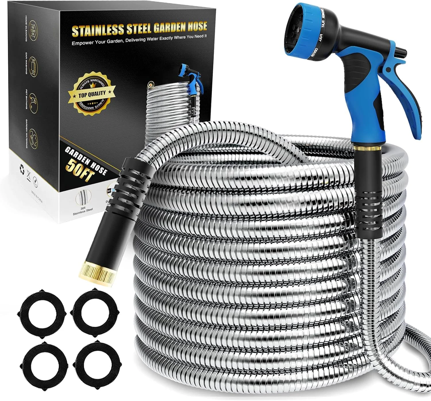 150ft Stainless Steel Garden Hose, No-Kink Leak-Proof Crush Resistant, 10-Function Nozzle for Lawn Care - Image 3